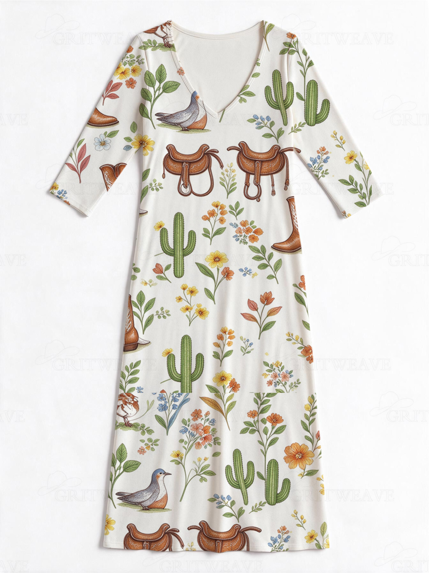 Desert Bloom V-Neck Three-Quarter Sleeve Dress