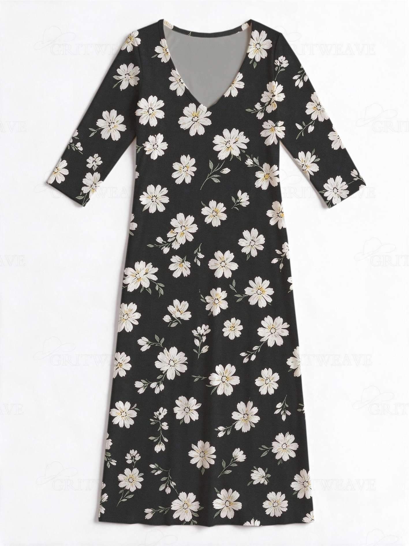 White daisy floral pattern Western V-Neck Printed Dress | Allover Print