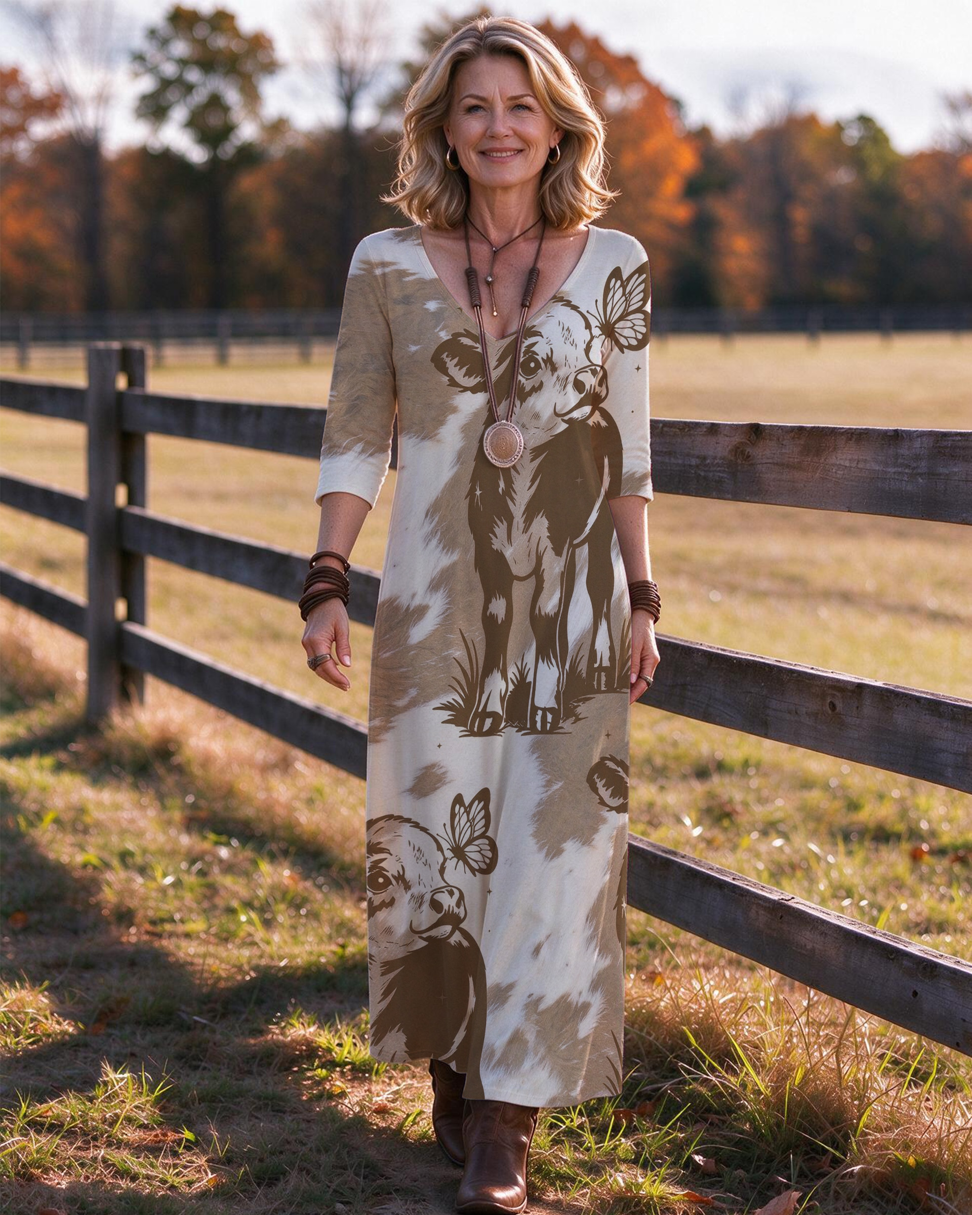 Cute calf butterfly Western V-Neck Printed Dress | Allover Print