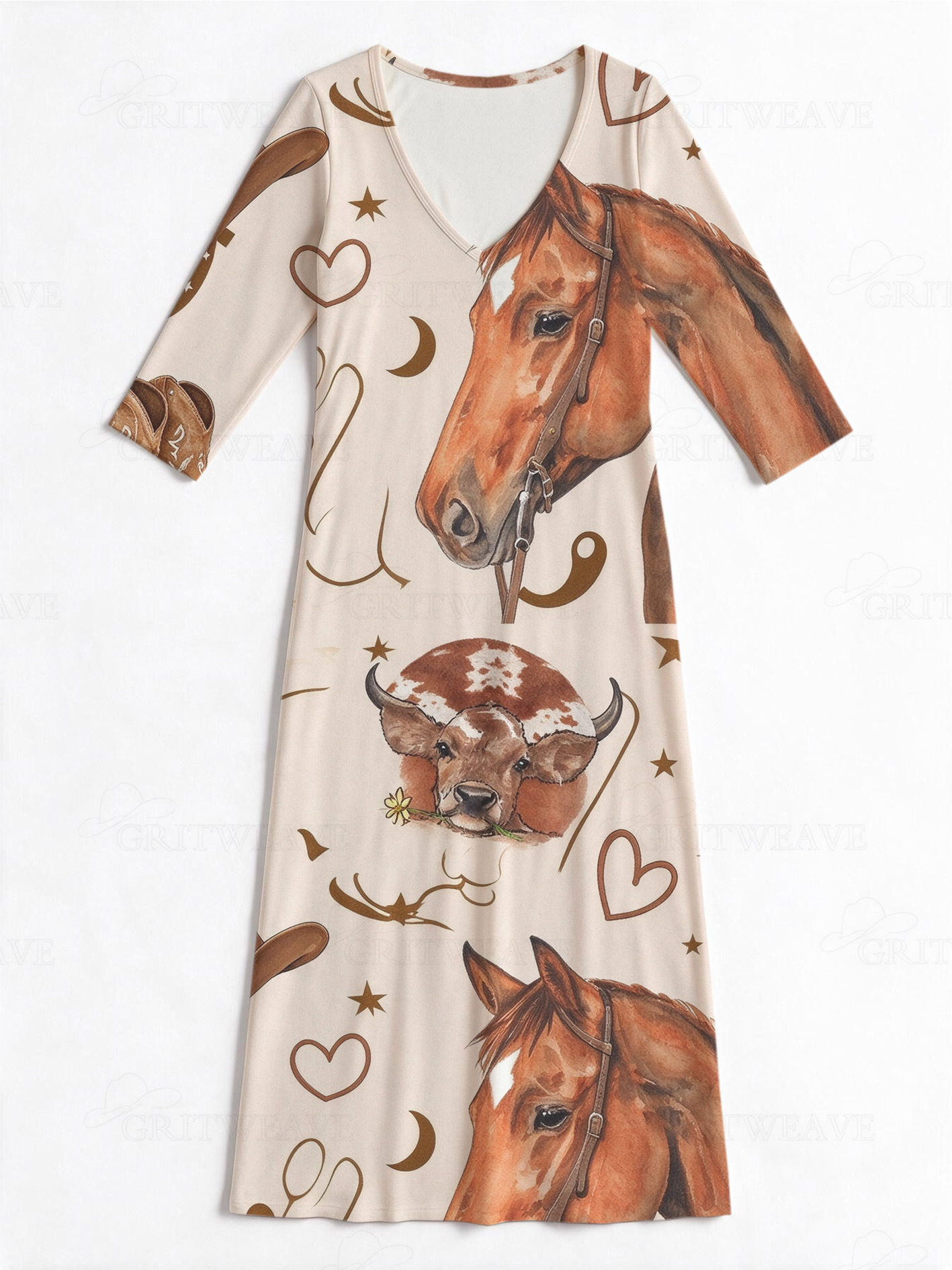 Horse-headed longhorn Western V-Neck Printed Dress | Allover Print