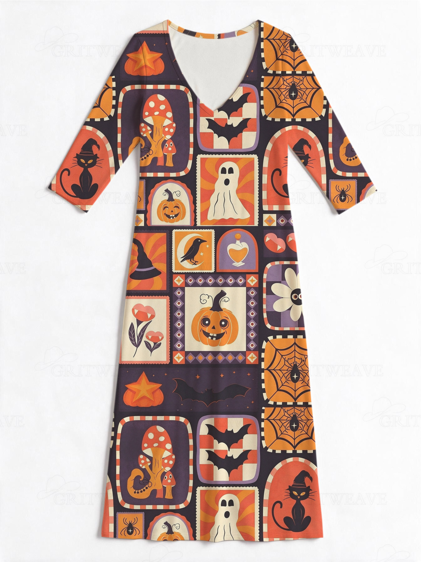 Fun Pumpkin Ghost Bat Spider Web Western V-Neck Printed Dress | Allover Print
