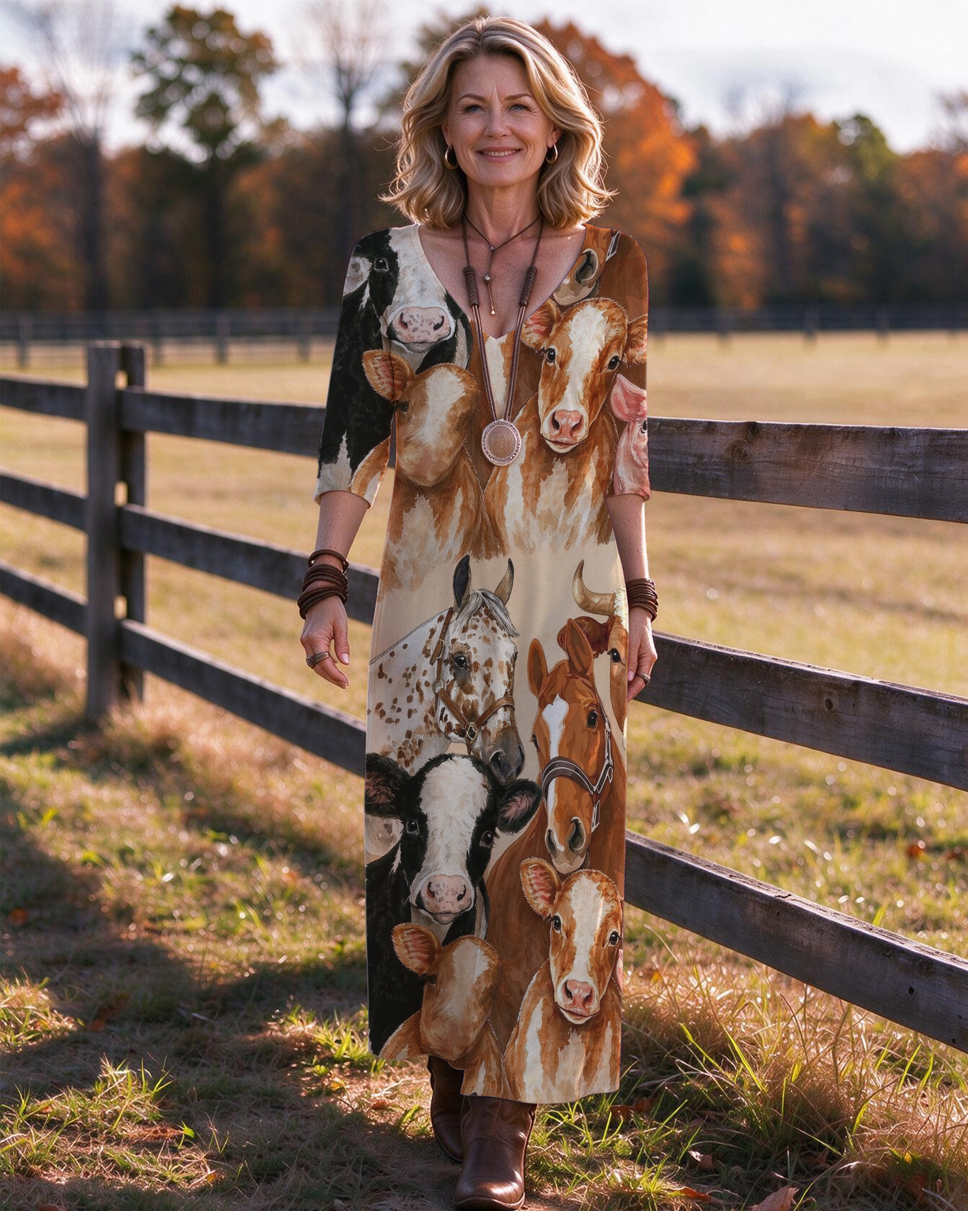 Dairy Cow Horse Cattle Group Western V-Neck Printed Dress | Allover Print