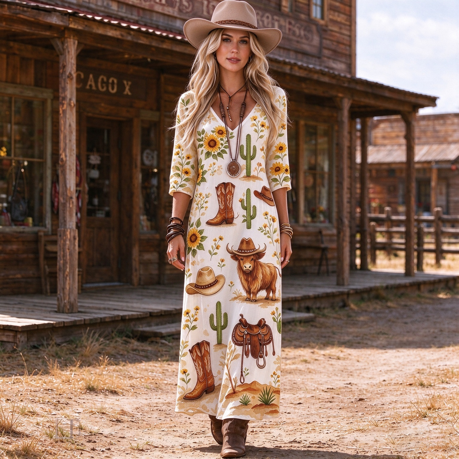 [Copy]Horseshoe & Hat V-Neck Three-Quarter Sleeve Dress