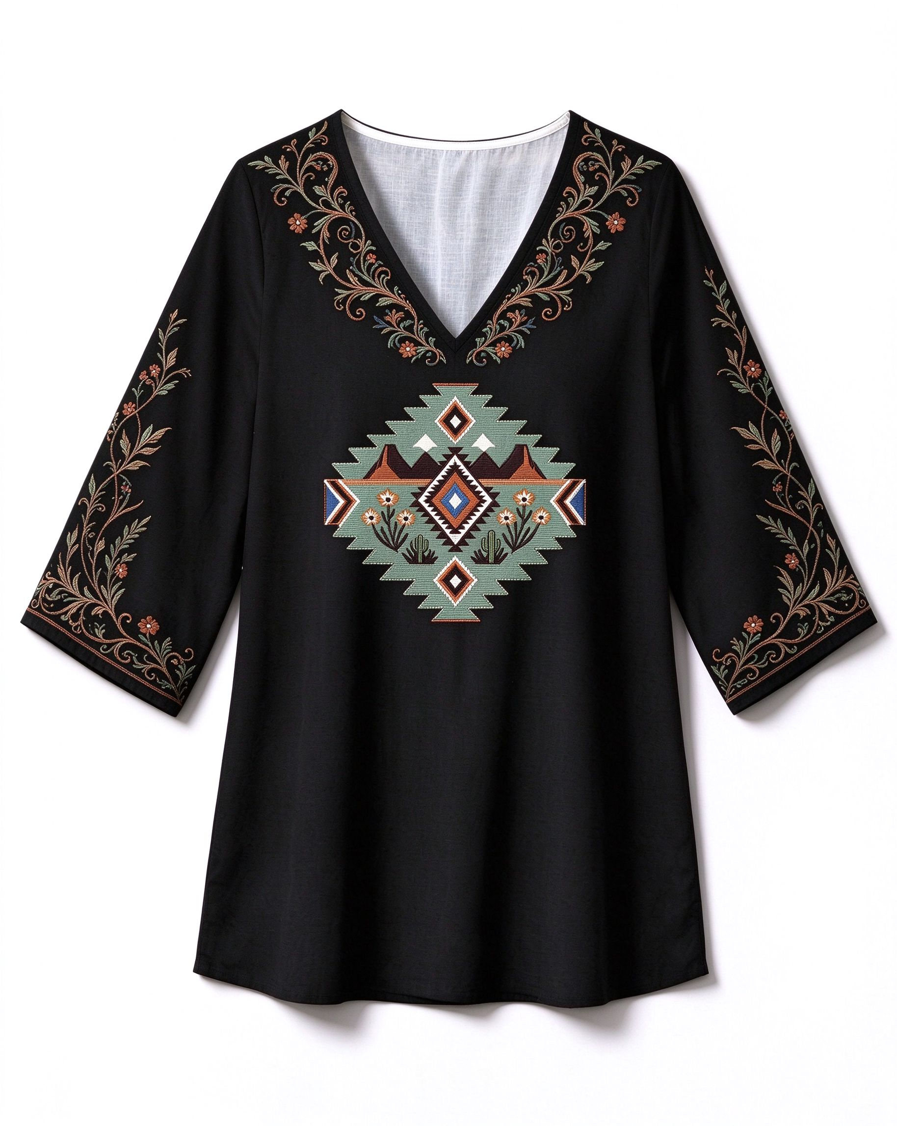 Geometric mountain and wildflower V-neck Western-style long top