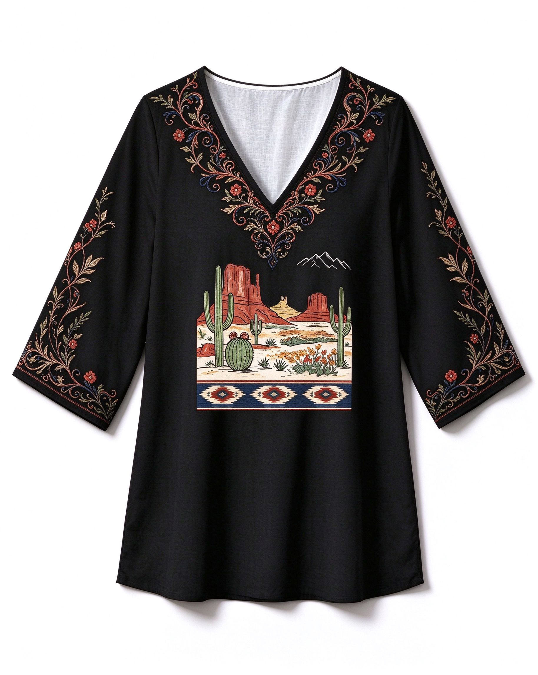 Terraced Red Rock Desert Canyon Cactus V-neck Western-style Long Top