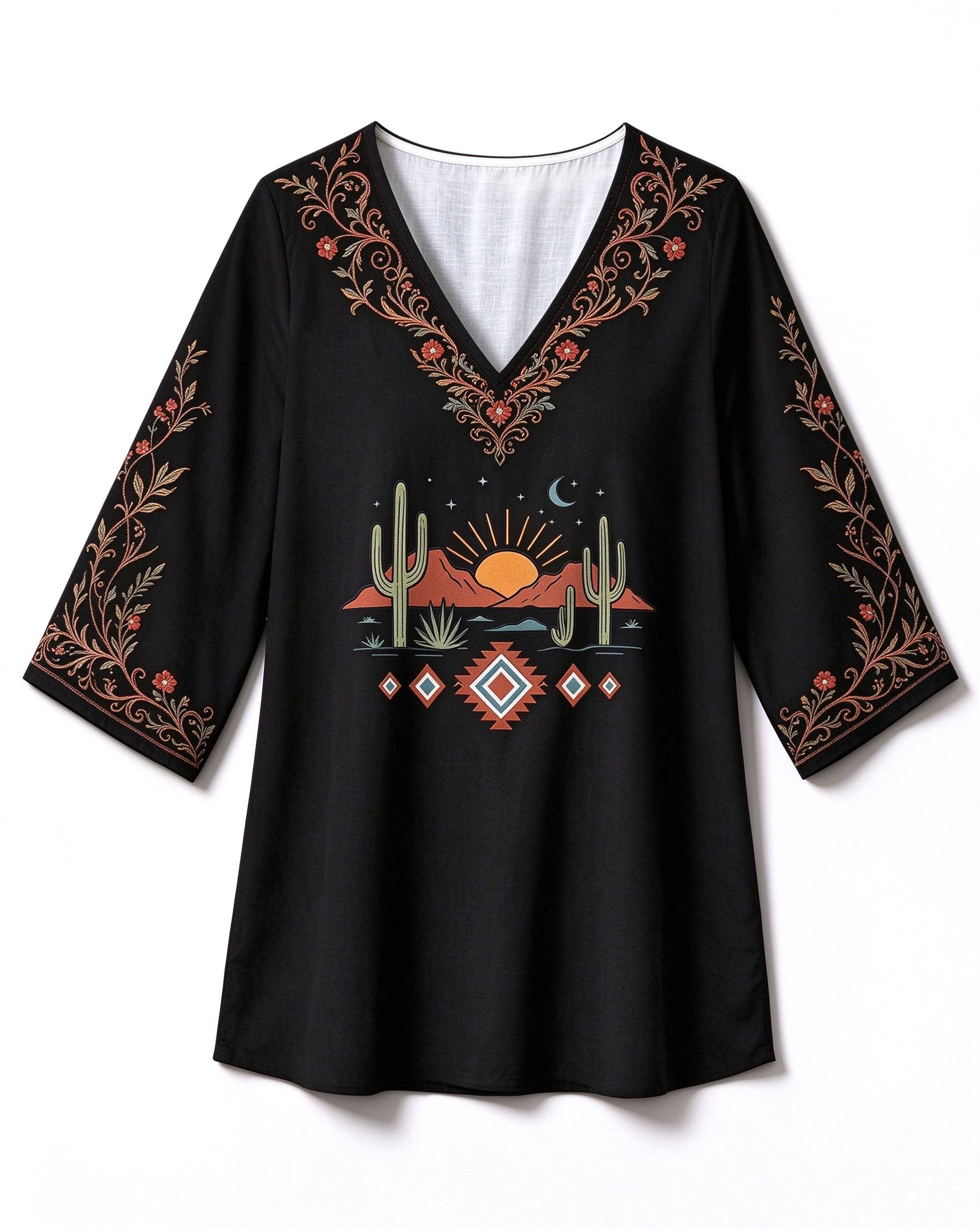 Desert Sunrise Cactus V-Neck Western Style Long Top