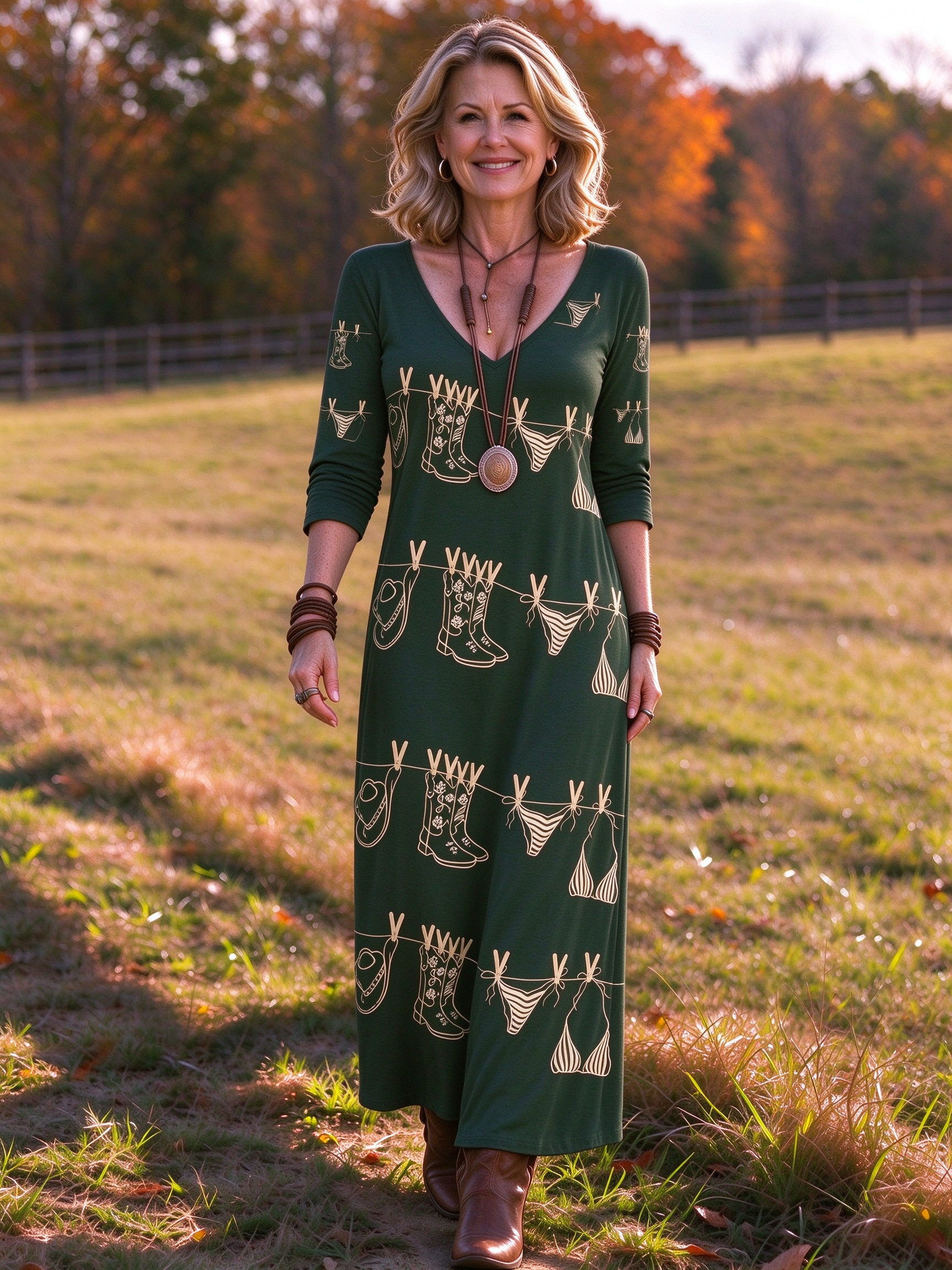 Novelty Coastal Cowgirl Clothesline Print V-neck Maxi Dress