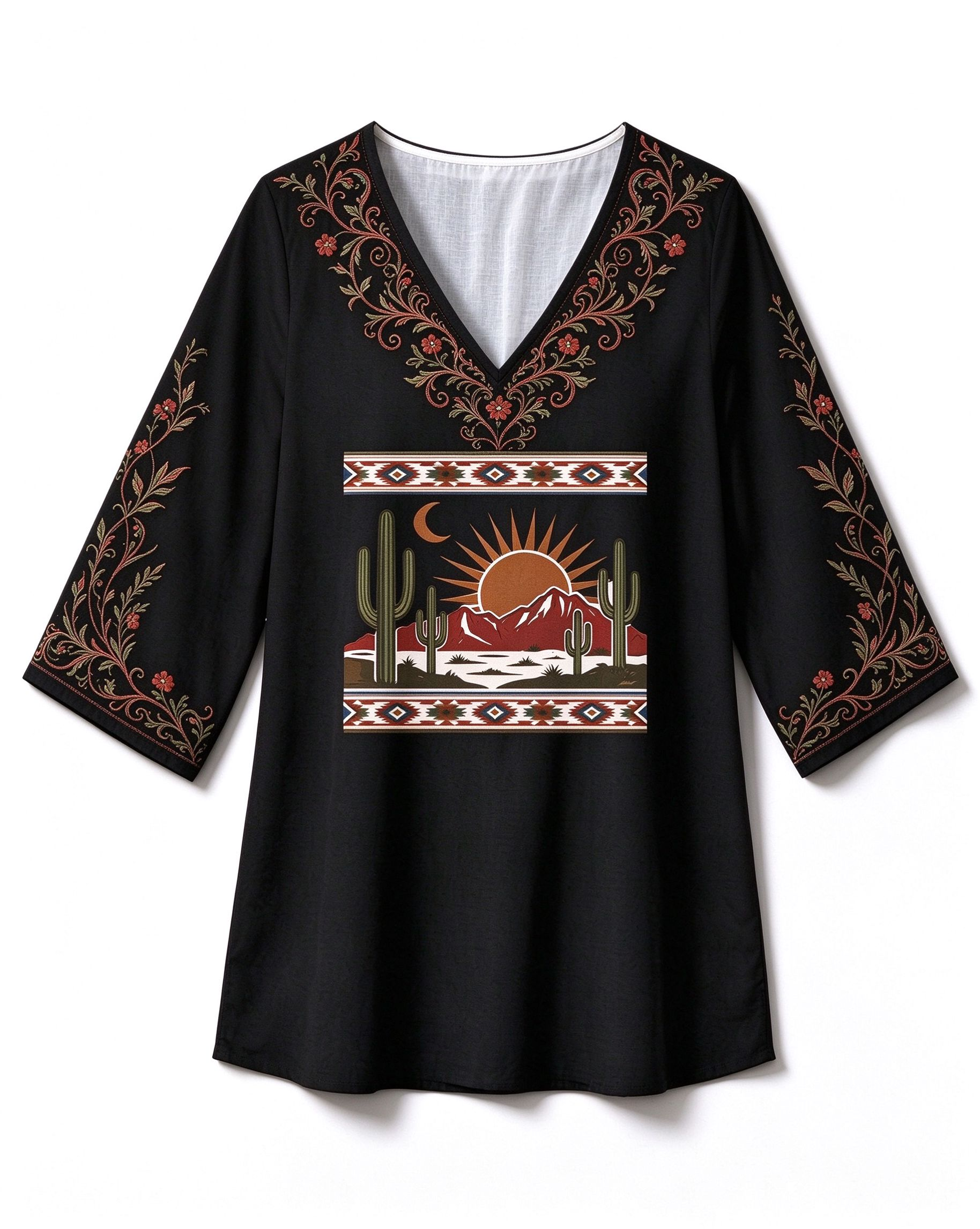 Sunset, mountains, sun and moon, cactus tribe print V-neck Western-style long top