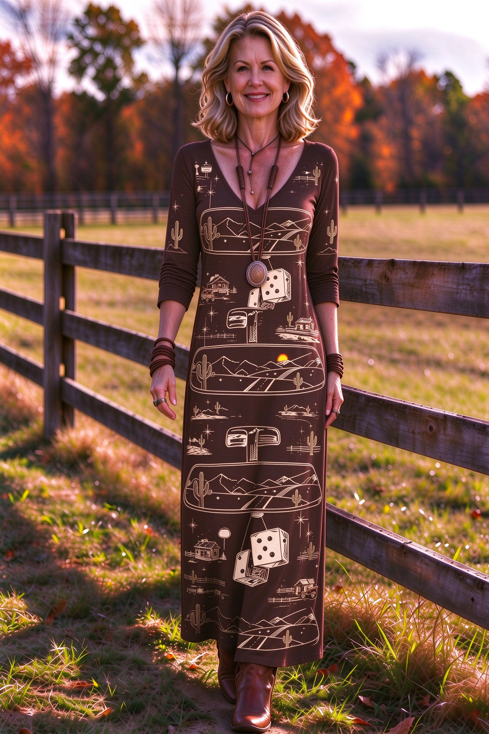Vintage Western Road Trip Print V-neck Maxi Dress