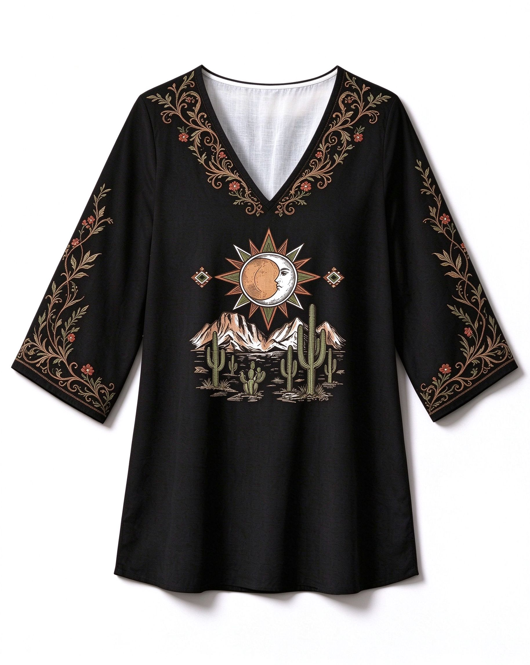 Sun, moon, human face, mountain peak, cactus pattern V-neck Western-style long top
