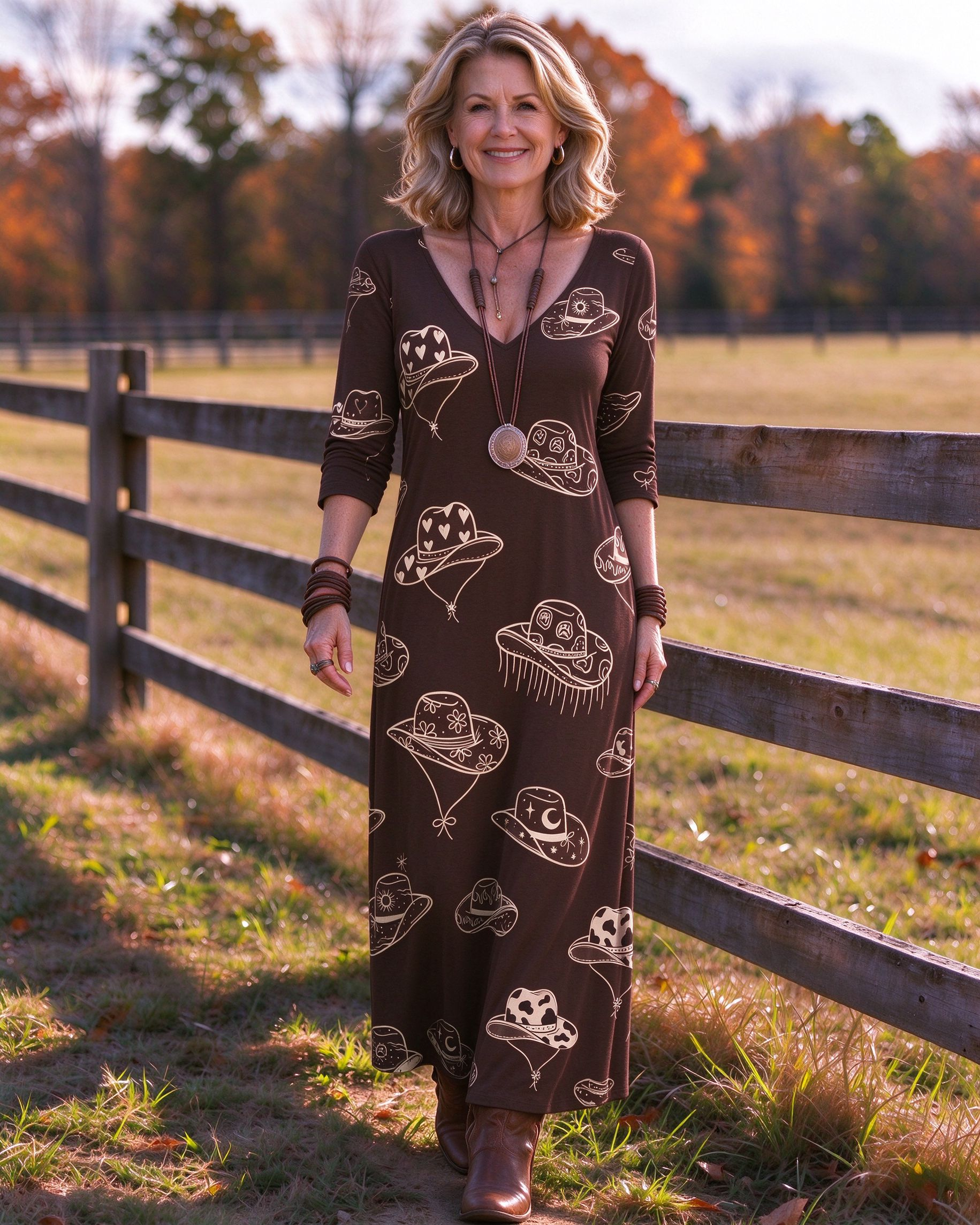 Cute Doodle Cowboy Hat Printed V-neck Maxi Dress