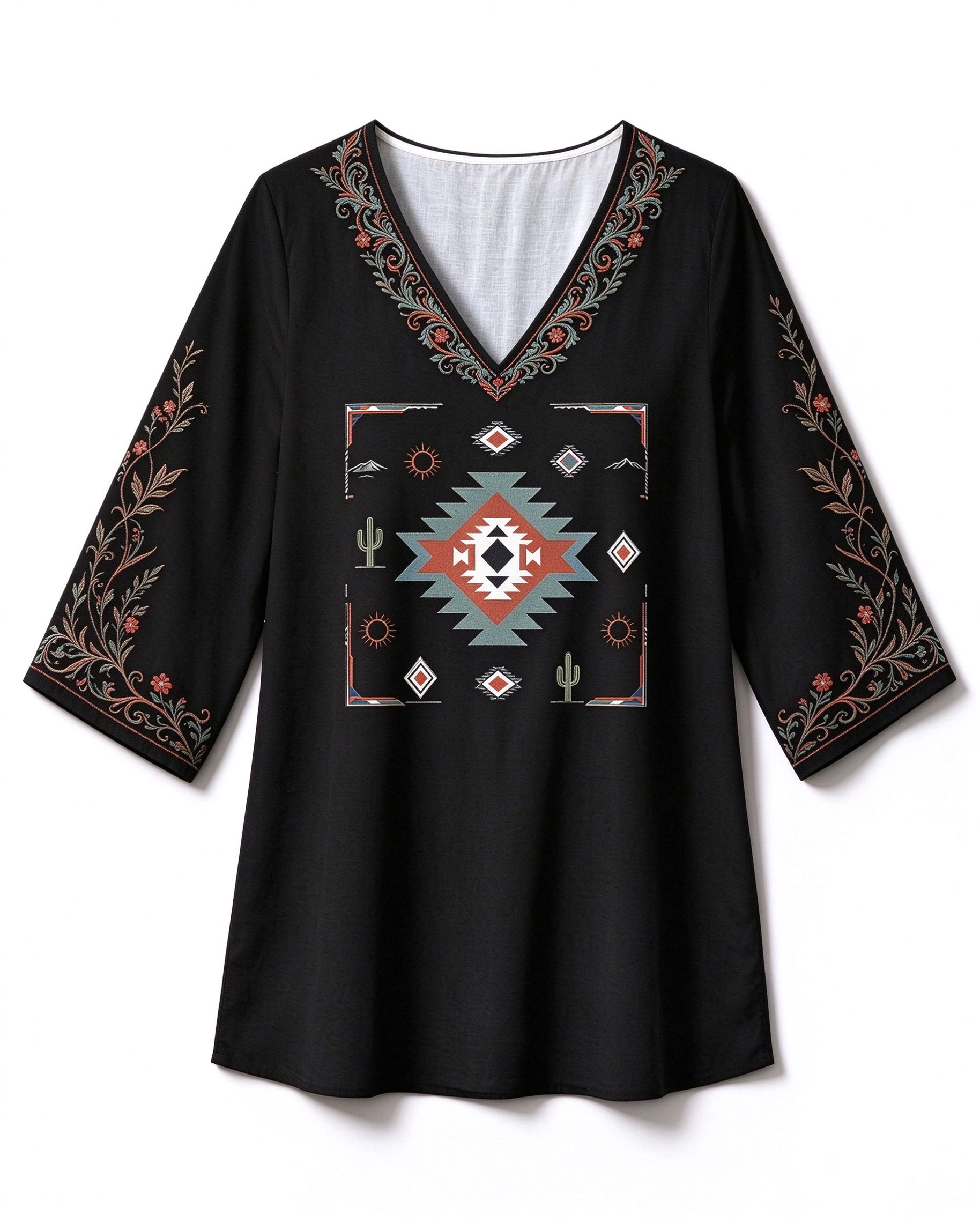 Women's V-neck, three-quarter sleeve, Western-style long top