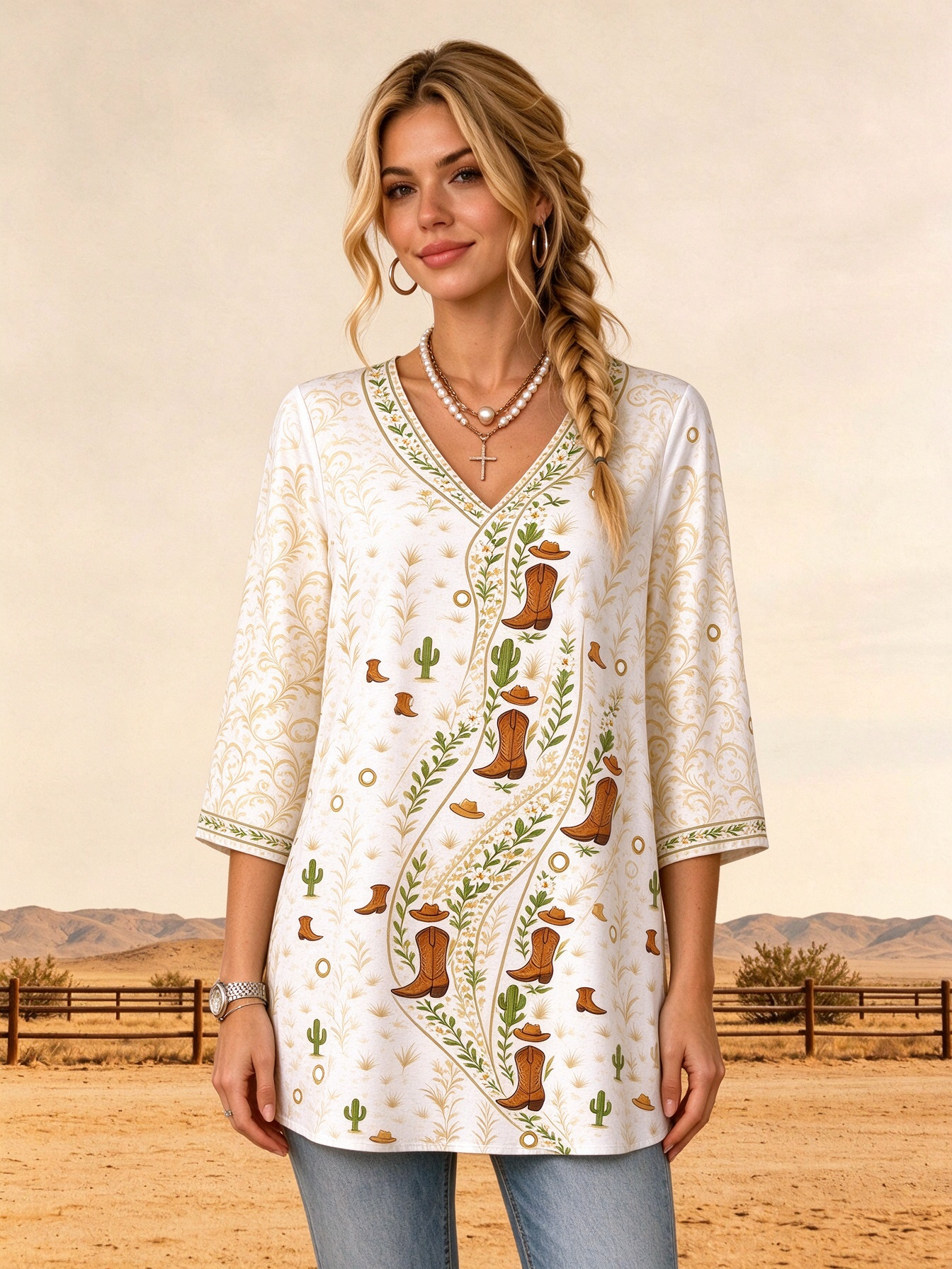 Cream Western Cowboy Boot Cactus Scarf Print V Neck Loose Fit Tunic Shirt