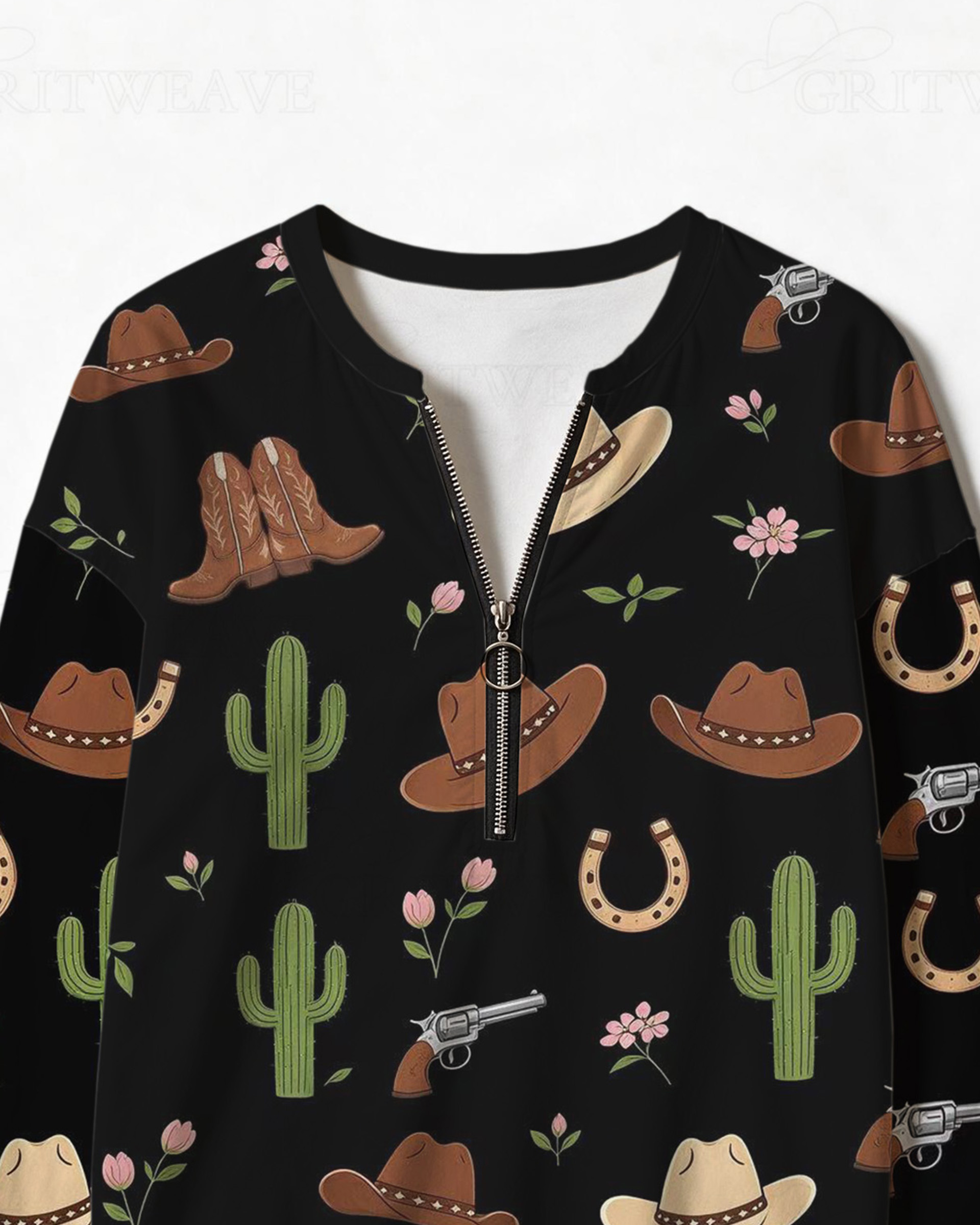 Women’s Western Cactus Cowboy Print Half Zip Sweatshirt, Horseshoe Cowgirl Graphic Long Sleeve Top