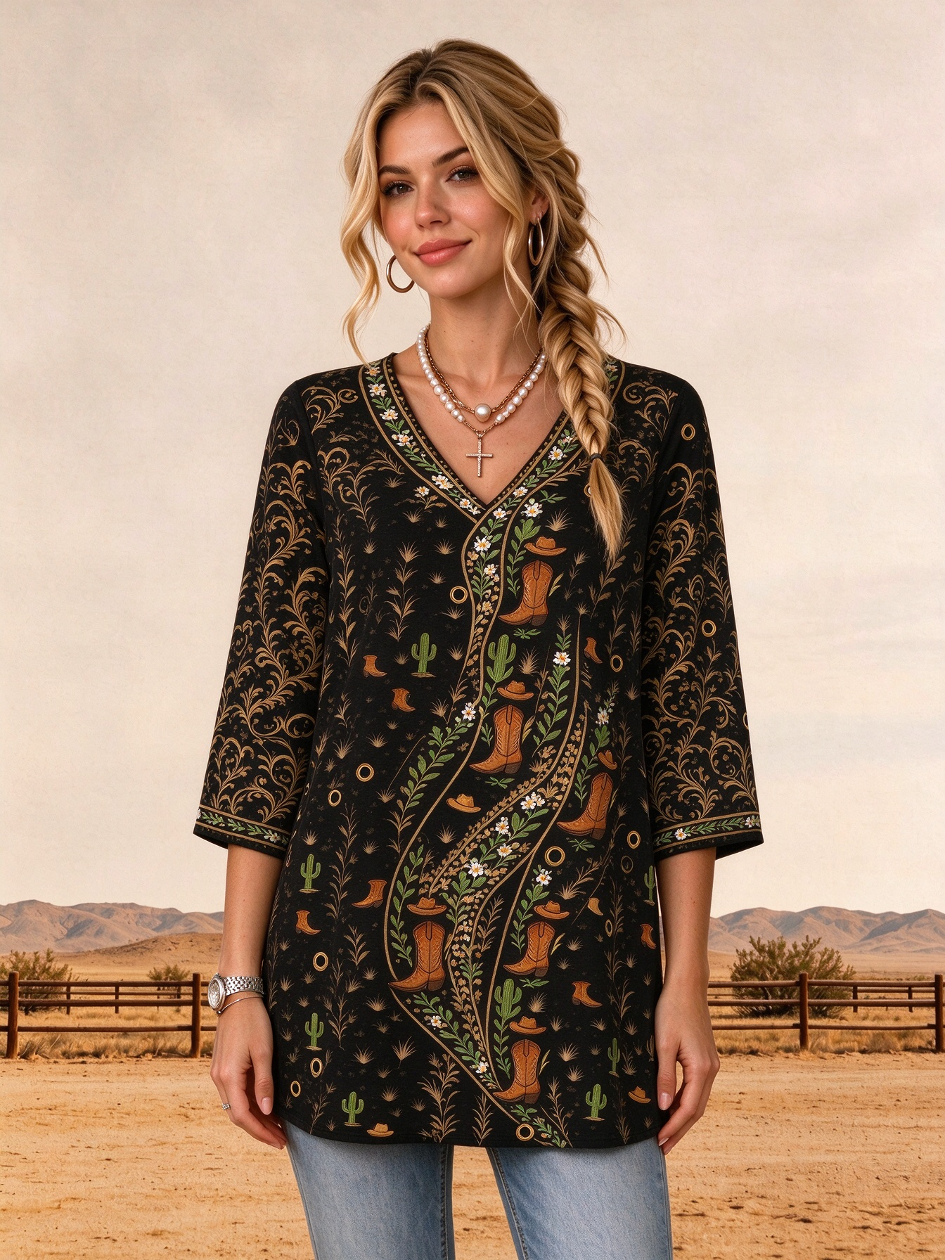 Cream Western Cowboy Boot Cactus Scarf Print V Neck Loose Fit Tunic Shirt