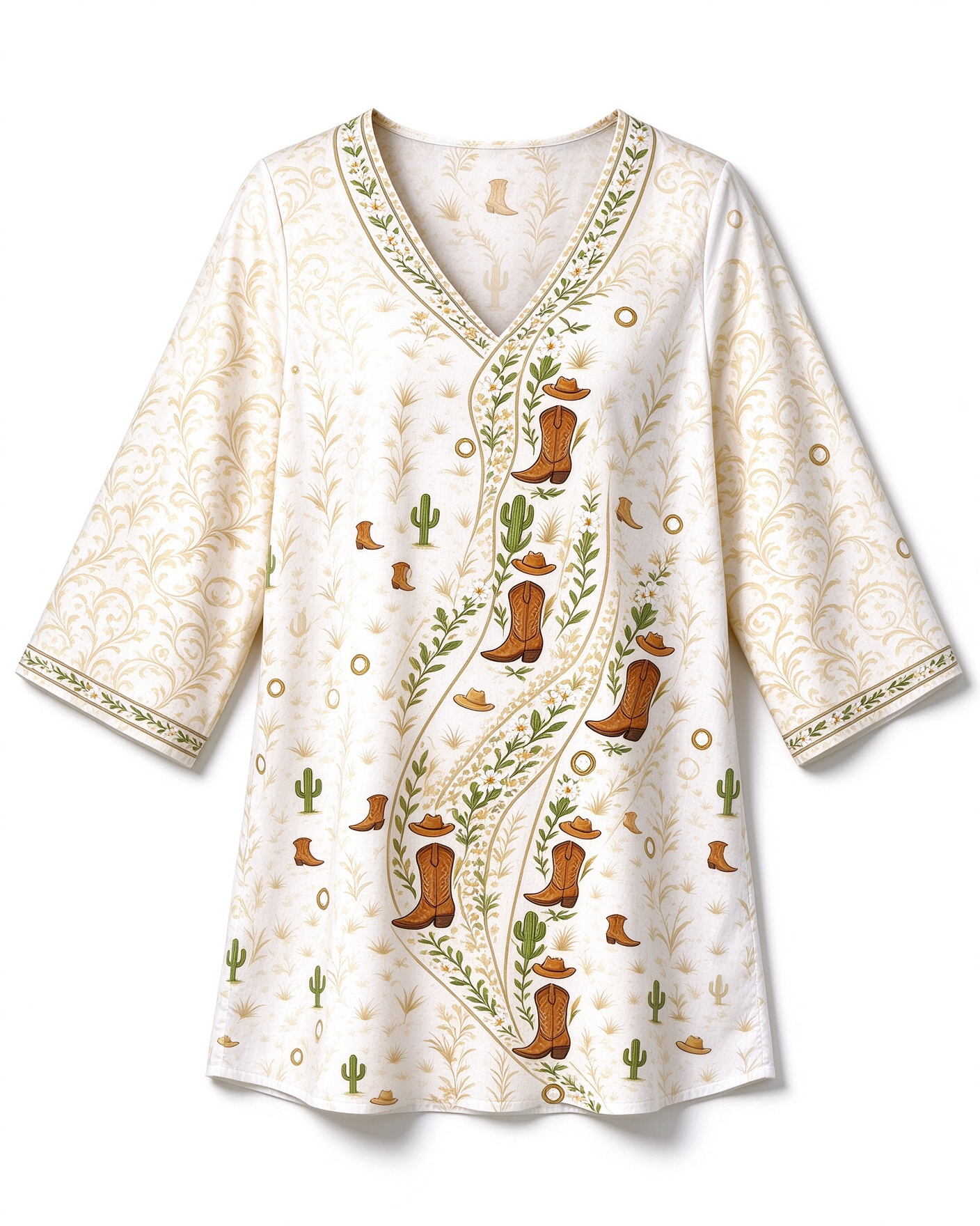 Cream Western Cowboy Boot Cactus Scarf Print V Neck Loose Fit Tunic Shirt
