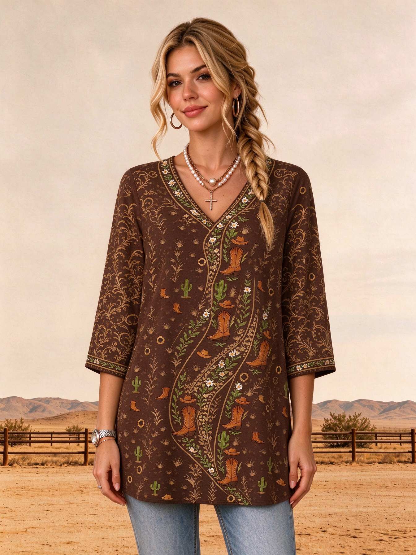 Cream Western Cowboy Boot Cactus Scarf Print V Neck Loose Fit Tunic Shirt
