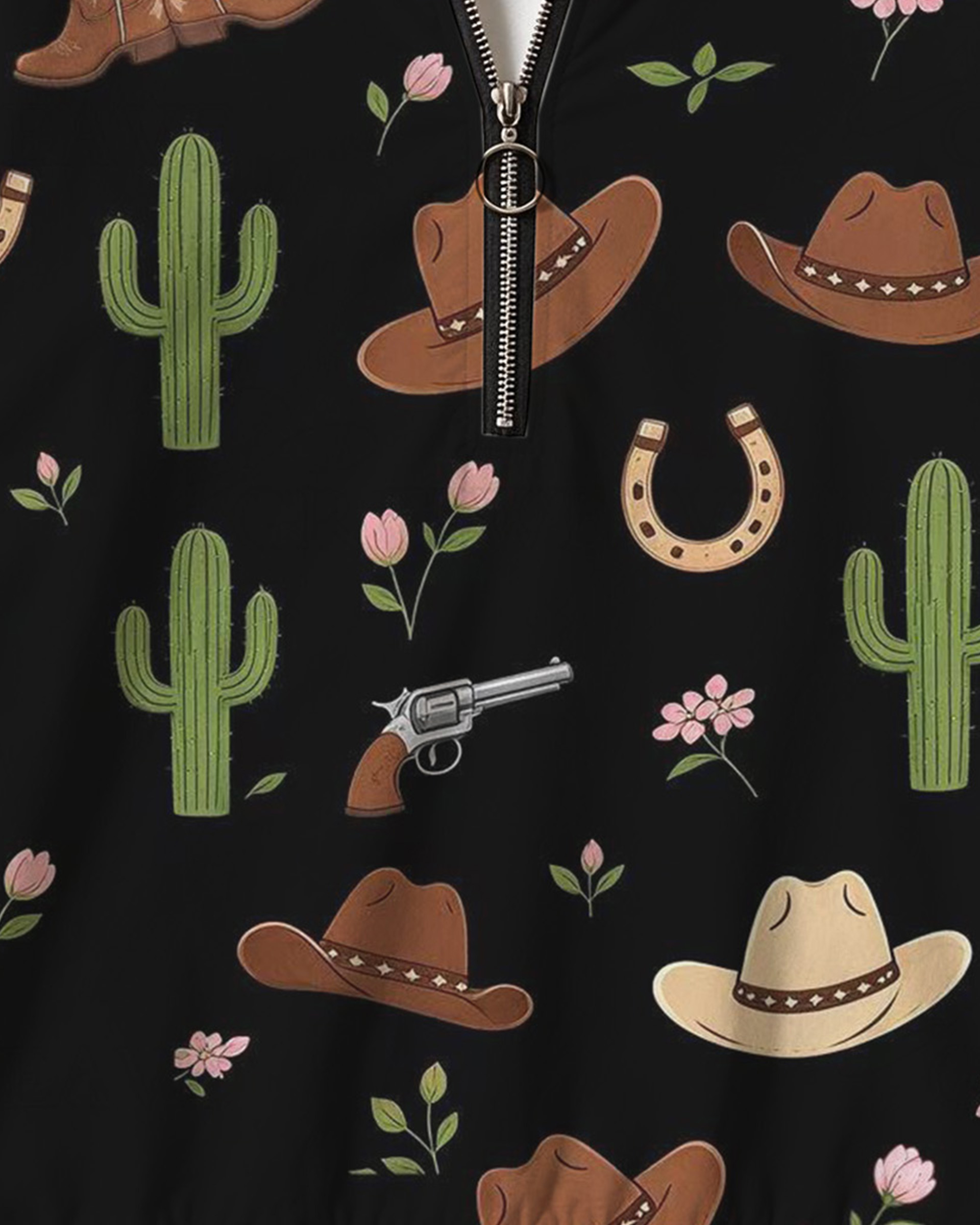 Women’s Western Cactus Cowboy Print Half Zip Sweatshirt, Horseshoe Cowgirl Graphic Long Sleeve Top