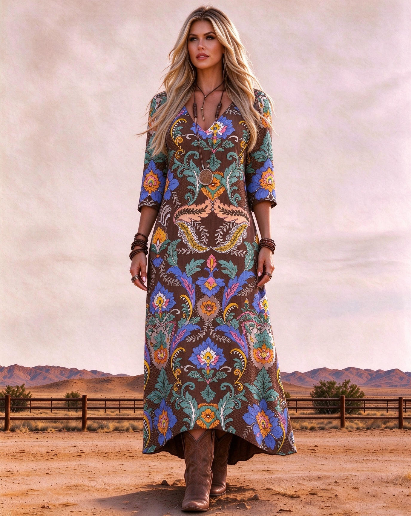 V-Neck 3/4 Sleeve Vintage Western Bold Botanical Floral High Low Hem Maxi Dress