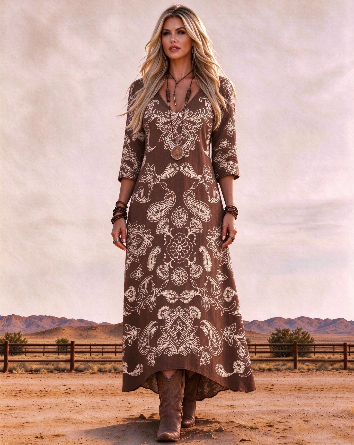 V-Neck 3/4 Sleeve Vintage Western Paisley Medallion Pattern High Low Hem Maxi Dress