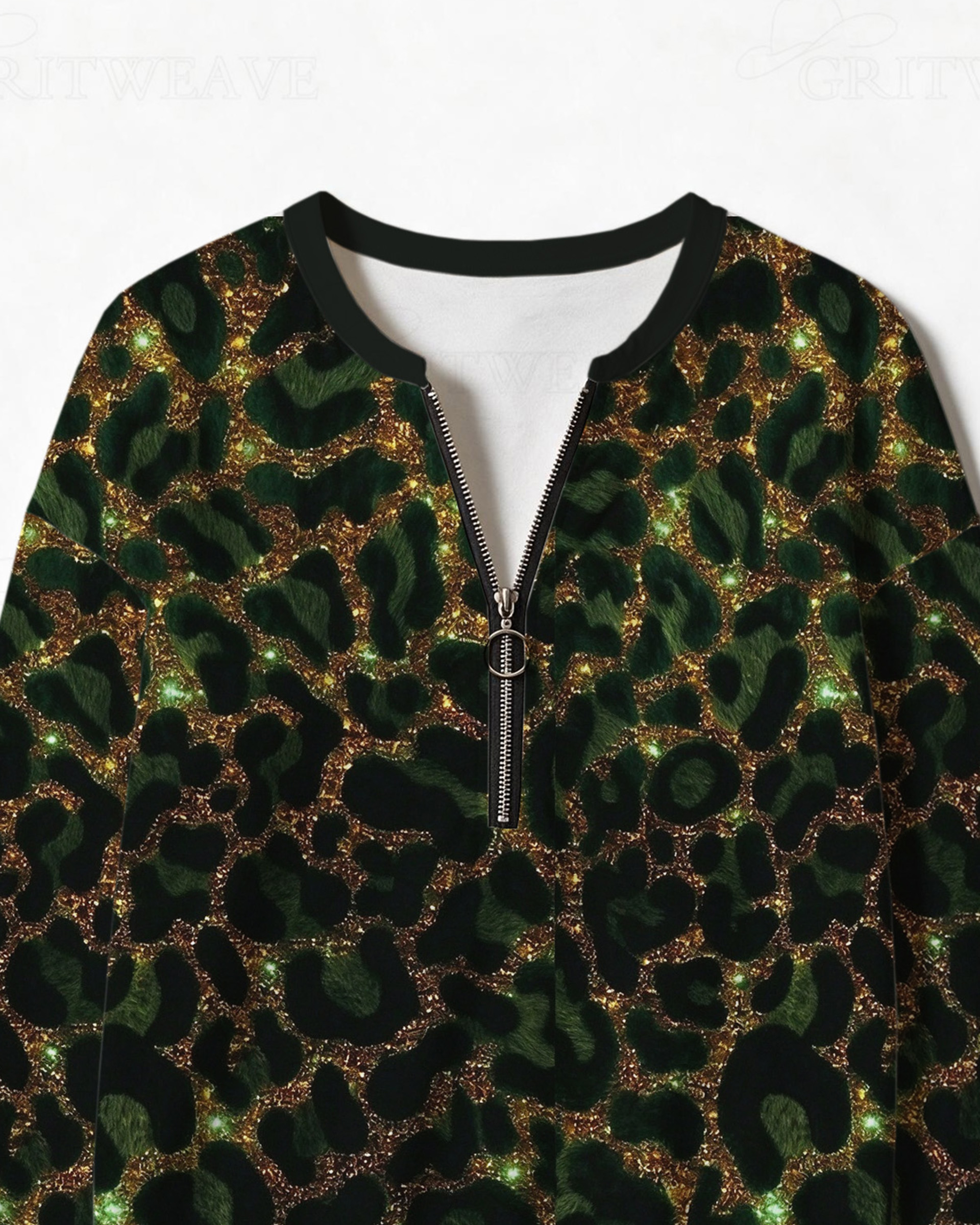 Glitter Green Leopard Print Half Zip Sweatshirt, Western Cowgirl Sparkly Animal Print Long Sleeve Top