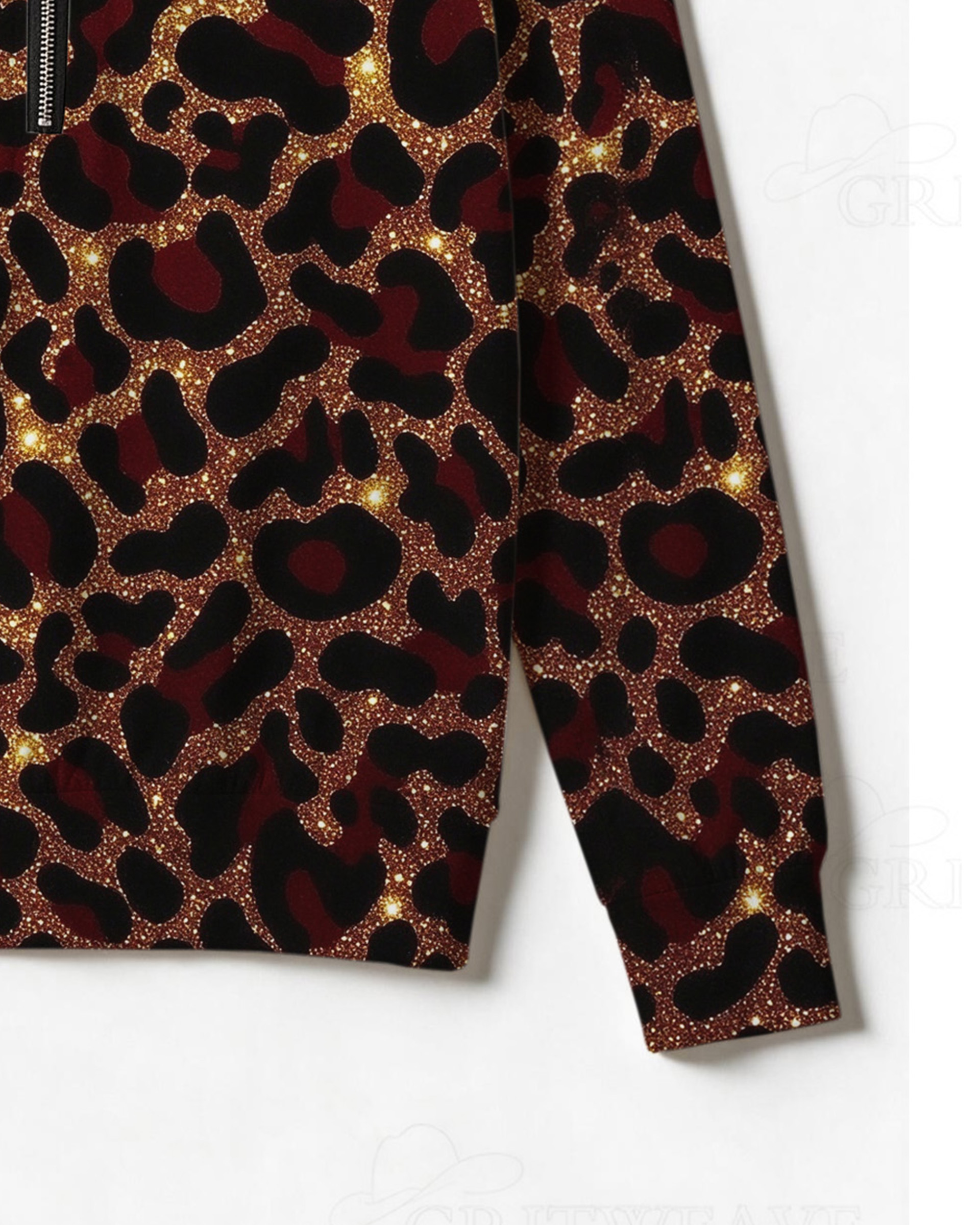 Burgundy Gold Glitter Leopard Print Half Zip Sweatshirt, Western Cowgirl Sparkly Animal Print Long Sleeve Top