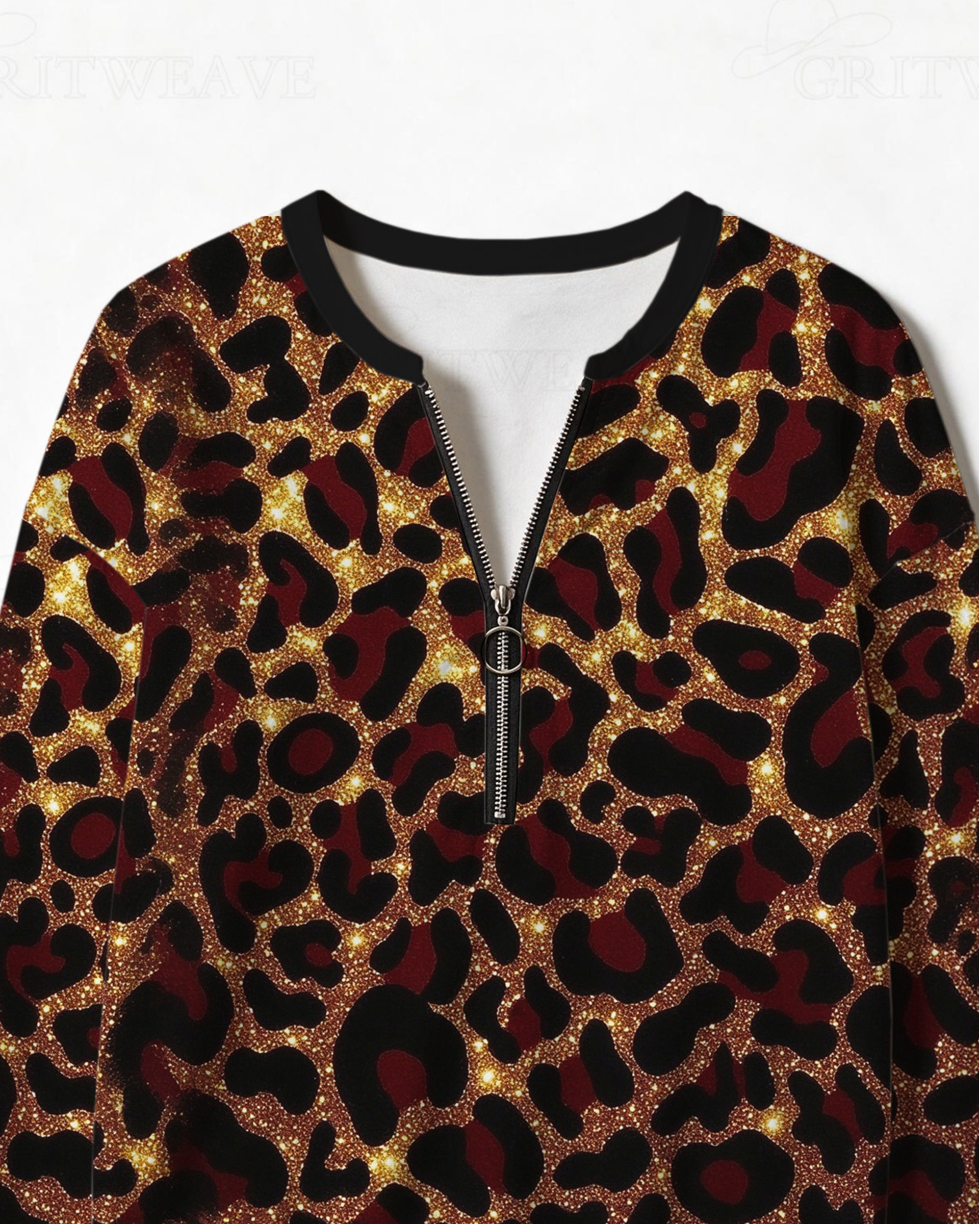 Burgundy Gold Glitter Leopard Print Half Zip Sweatshirt, Western Cowgirl Sparkly Animal Print Long Sleeve Top
