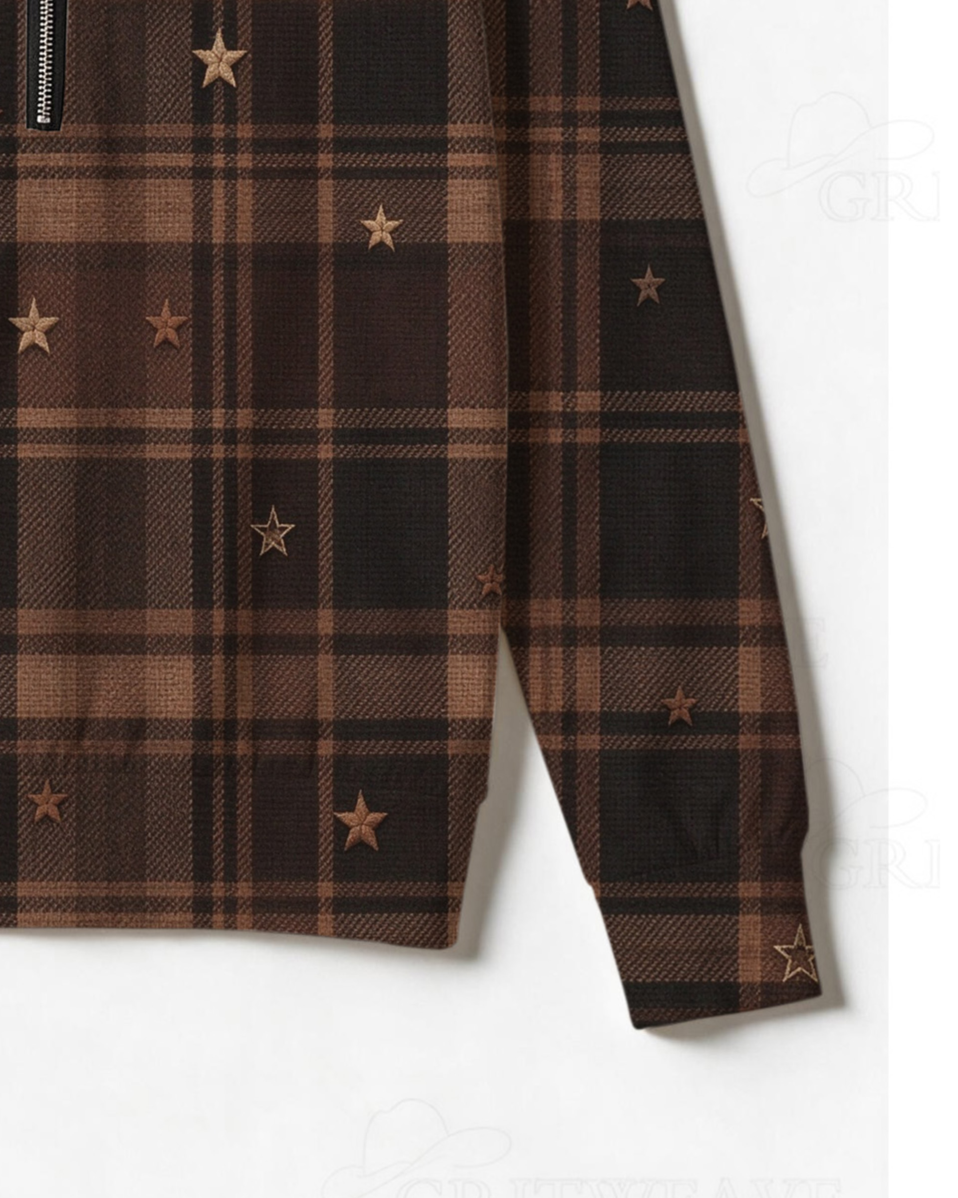Brown Plaid Star Print Half Zip Sweatshirt, Western Cowgirl Tartan Check Star Graphic Long Sleeve Top