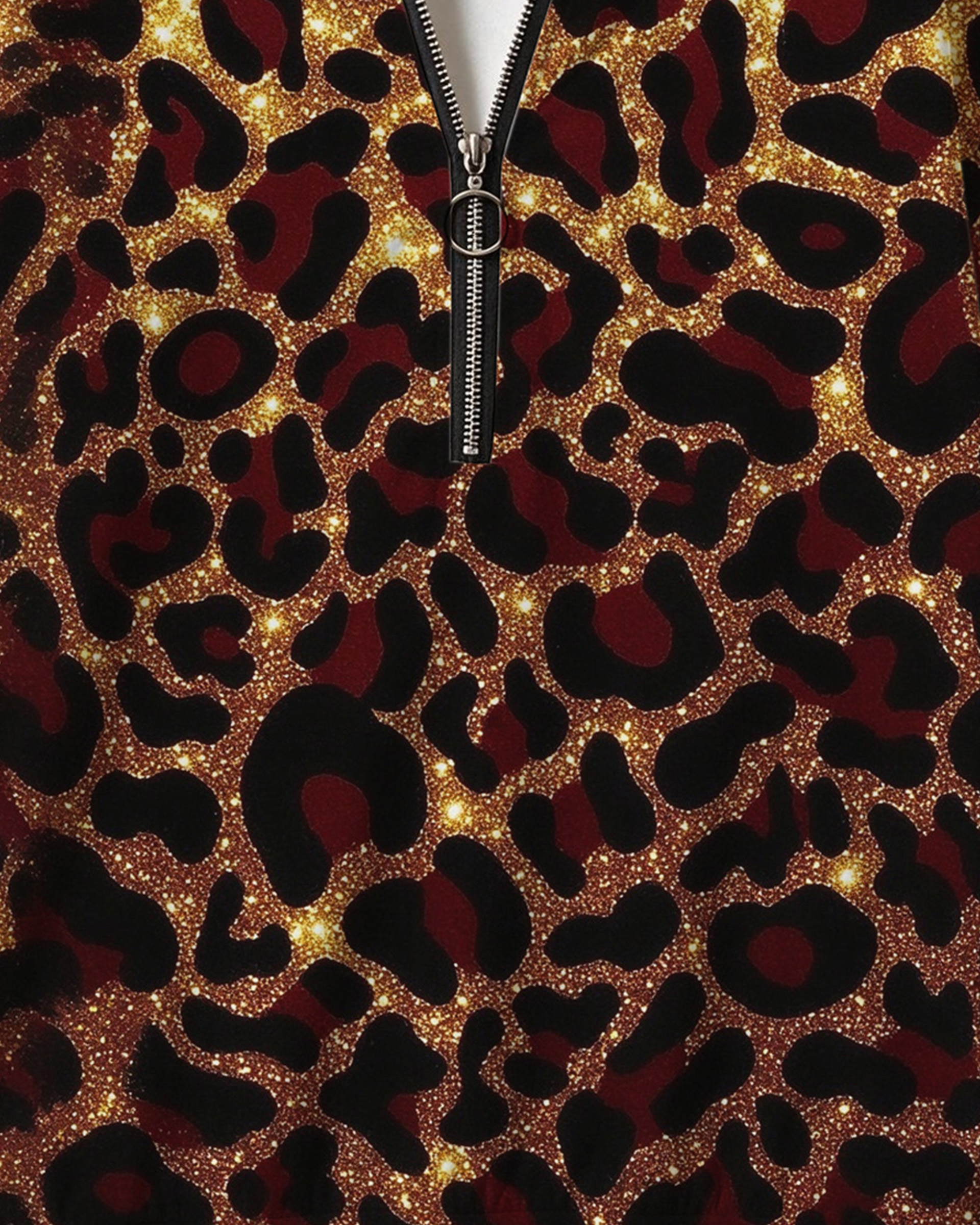 Burgundy Gold Glitter Leopard Print Half Zip Sweatshirt, Western Cowgirl Sparkly Animal Print Long Sleeve Top