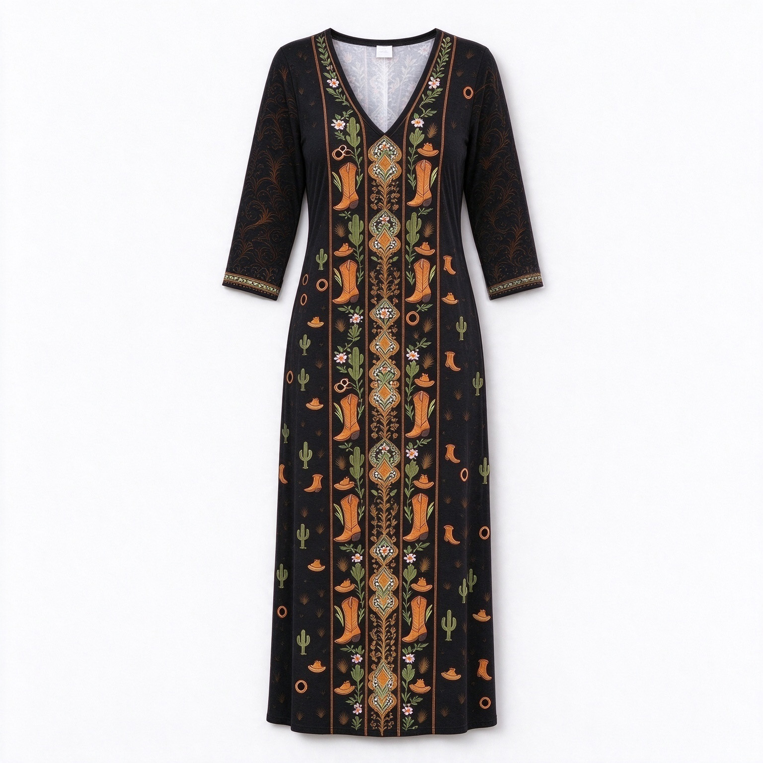 Southwestern Aztec Cowboy Boot Cactus Medallion V-neck high-low hem long dress