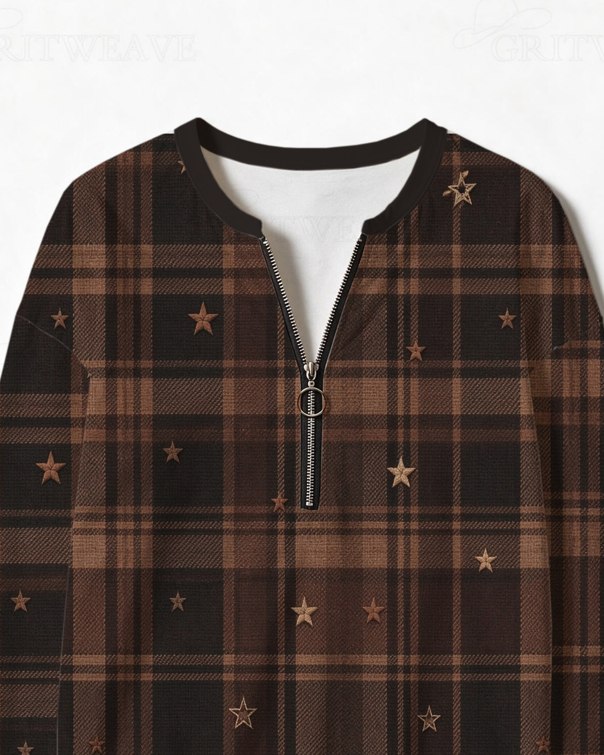 Brown Plaid Star Print Half Zip Sweatshirt, Western Cowgirl Tartan Check Star Graphic Long Sleeve Top