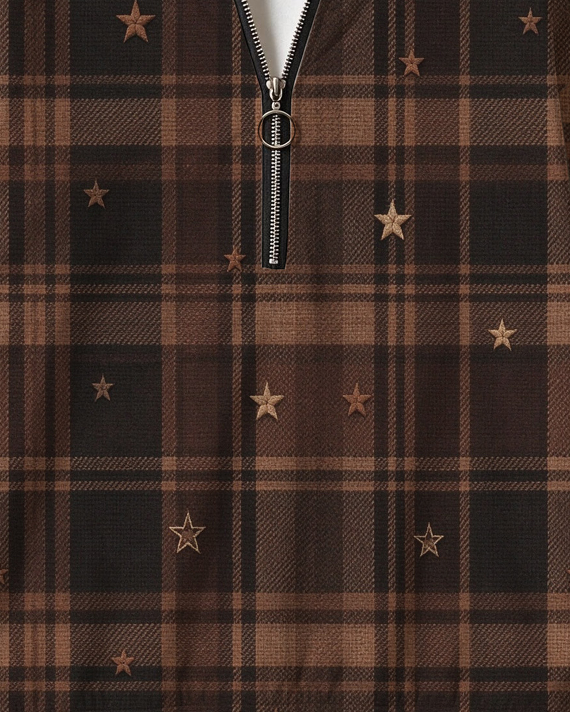 Brown Plaid Star Print Half Zip Sweatshirt, Western Cowgirl Tartan Check Star Graphic Long Sleeve Top