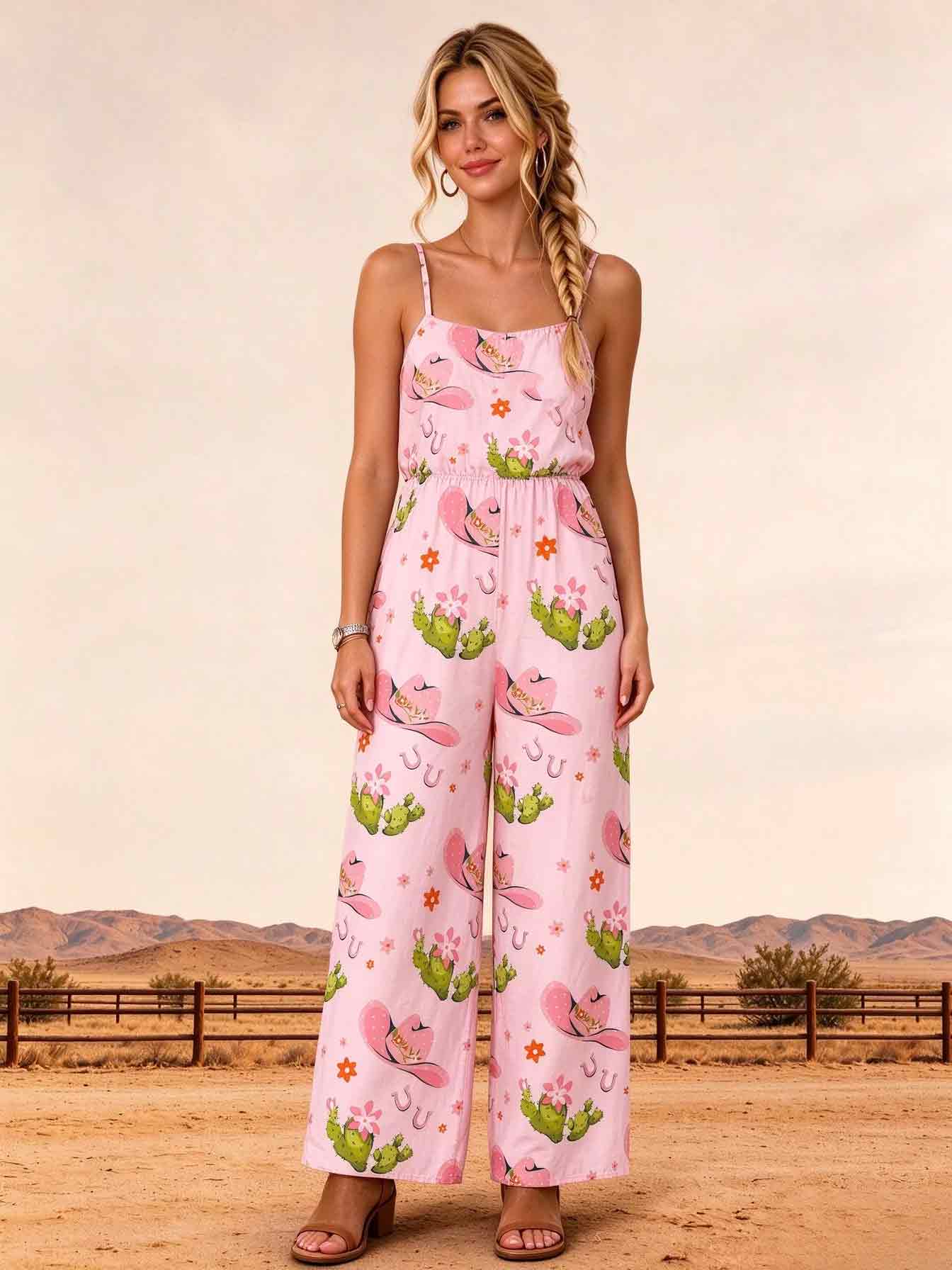 Pink Cactus Cowgirl Horseshoe Print Jumpsuits  with Pockets