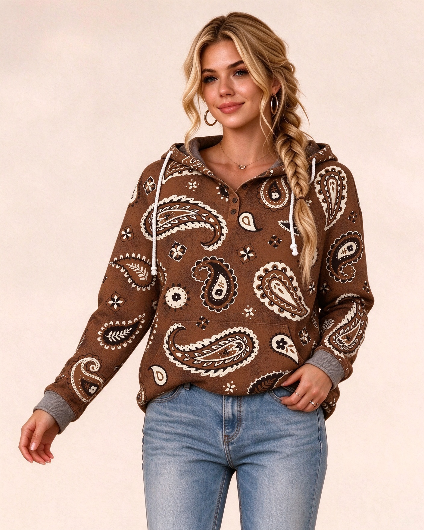 Western Horse Print Henley Collar Hoodie