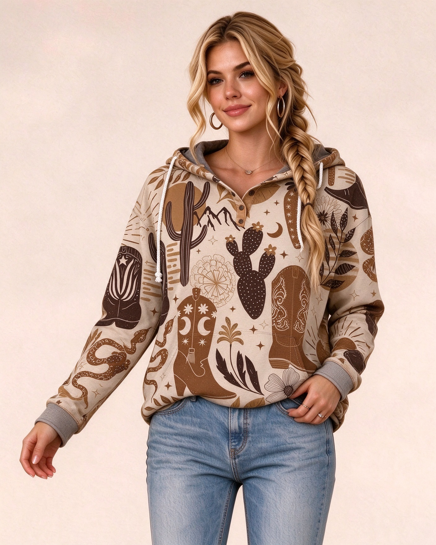 Rodeo Western Print Henley Collar Hoodie