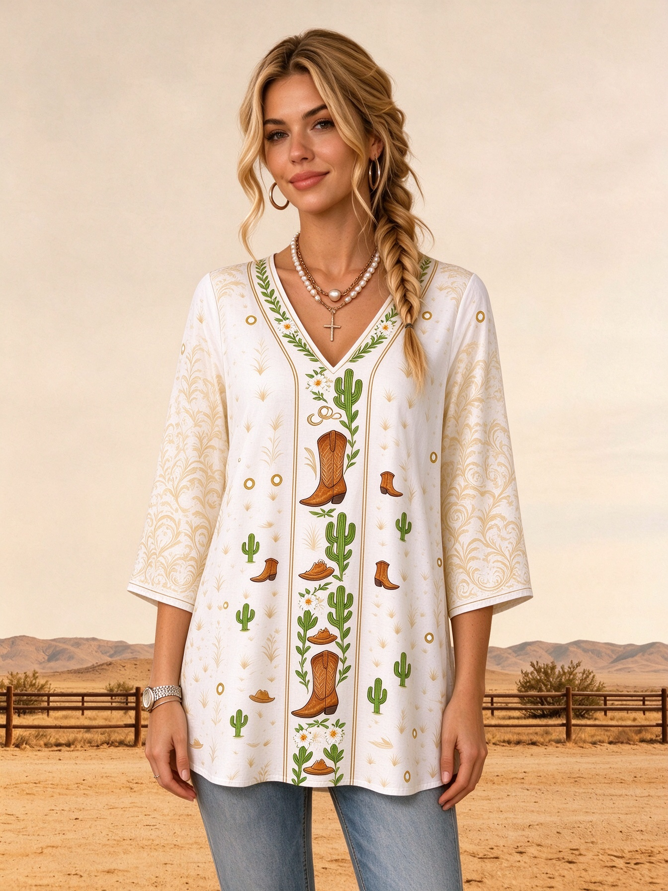 Ivory Western Cowboy Boot Cactus Botanical Panel Short Sleeve Top Tunic Shirt