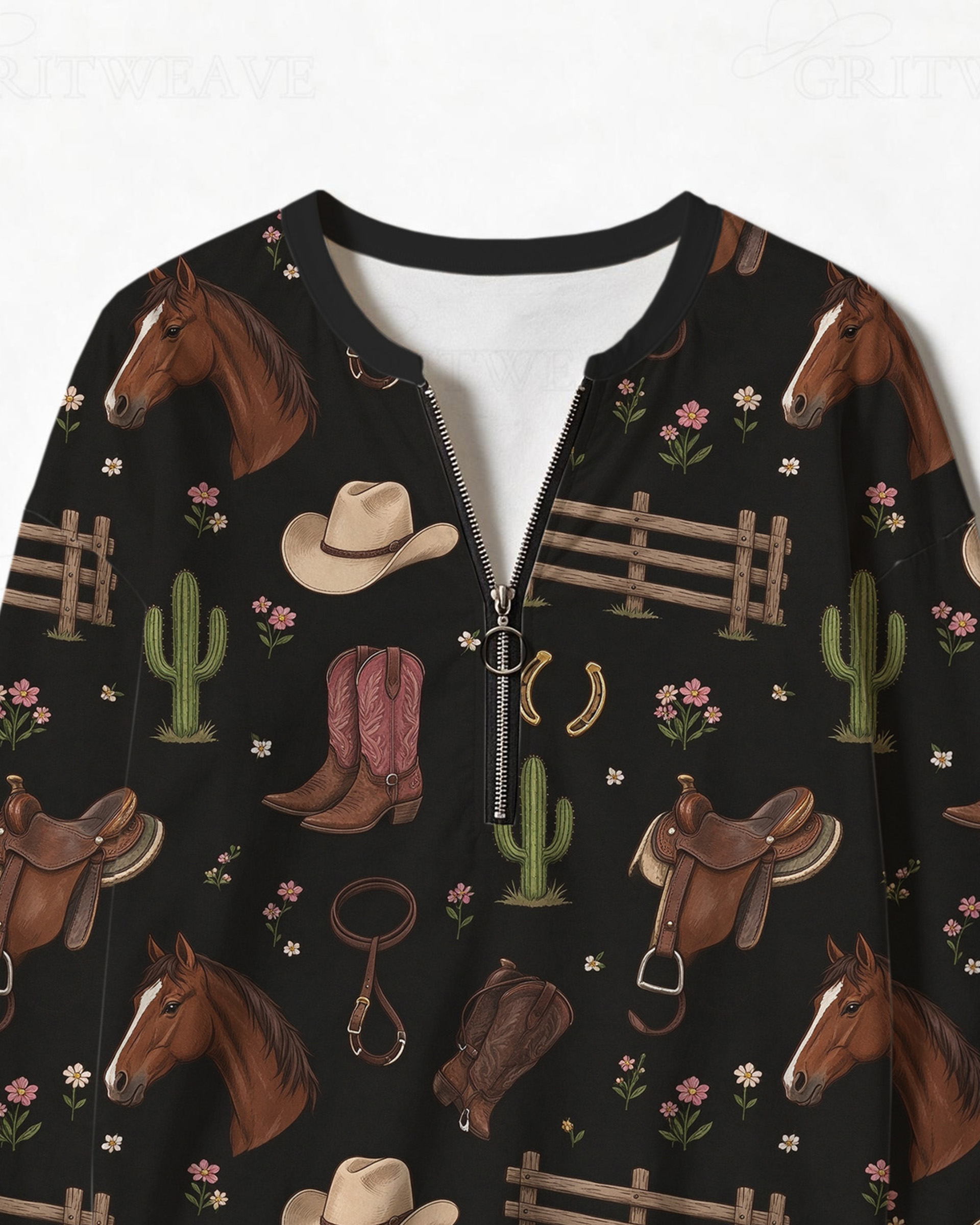 Women’s Ranch Horse & Saddle Print Half Zip Sweatshirt, Western Cowgirl Equestrian Graphic Long Sleeve Top