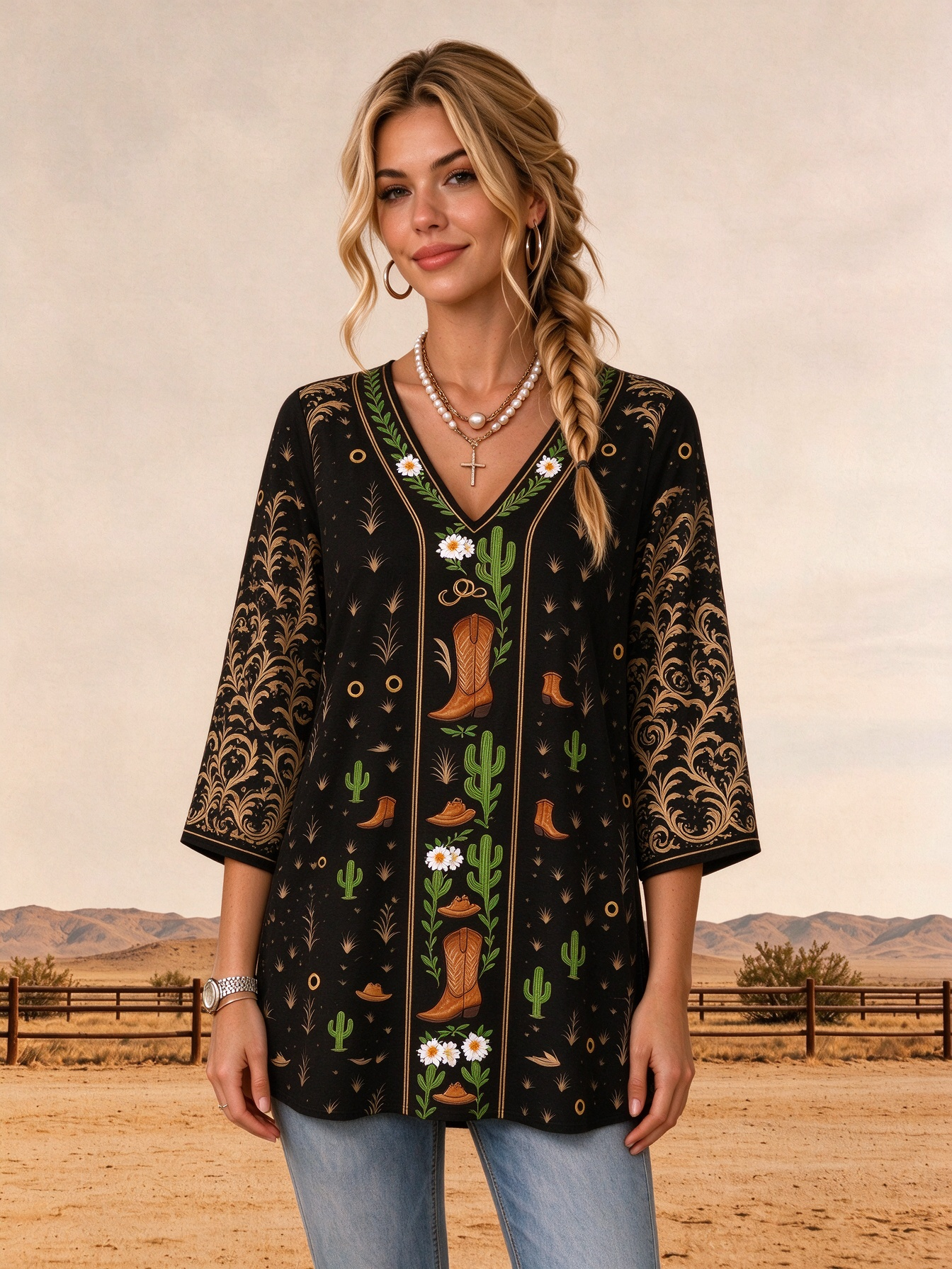 Ivory Western Cowboy Boot Cactus Botanical Panel Short Sleeve Top Tunic Shirt