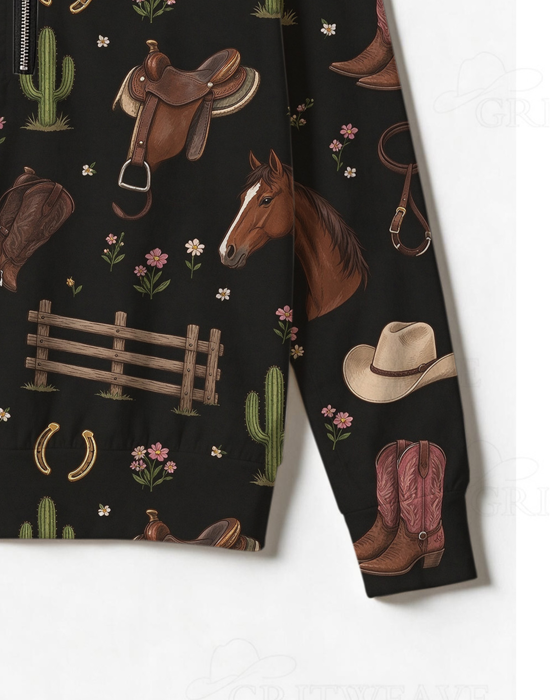 Women’s Ranch Horse & Saddle Print Half Zip Sweatshirt, Western Cowgirl Equestrian Graphic Long Sleeve Top
