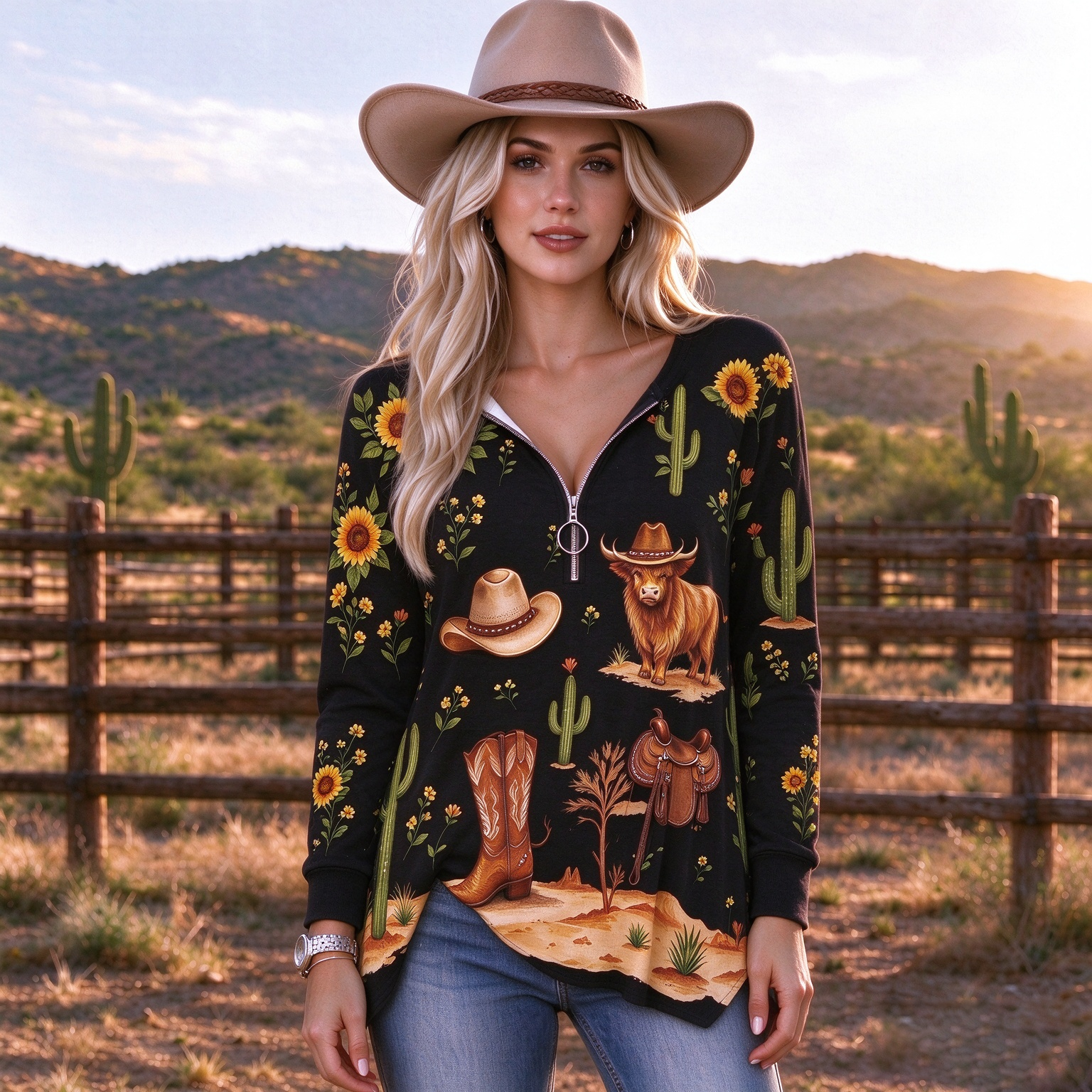 Western Sunflower Black Cowgirl Print Zip-up Top