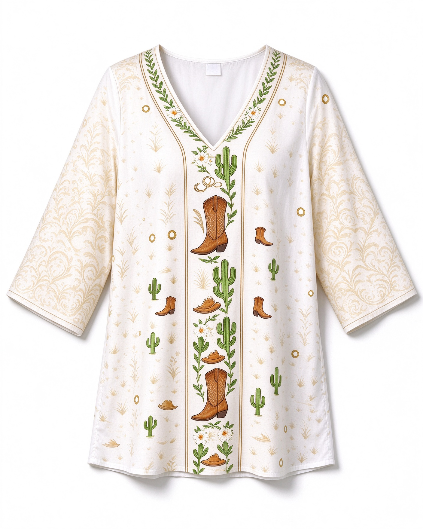 Ivory Western Cowboy Boot Cactus Botanical Panel Short Sleeve Top Tunic Shirt