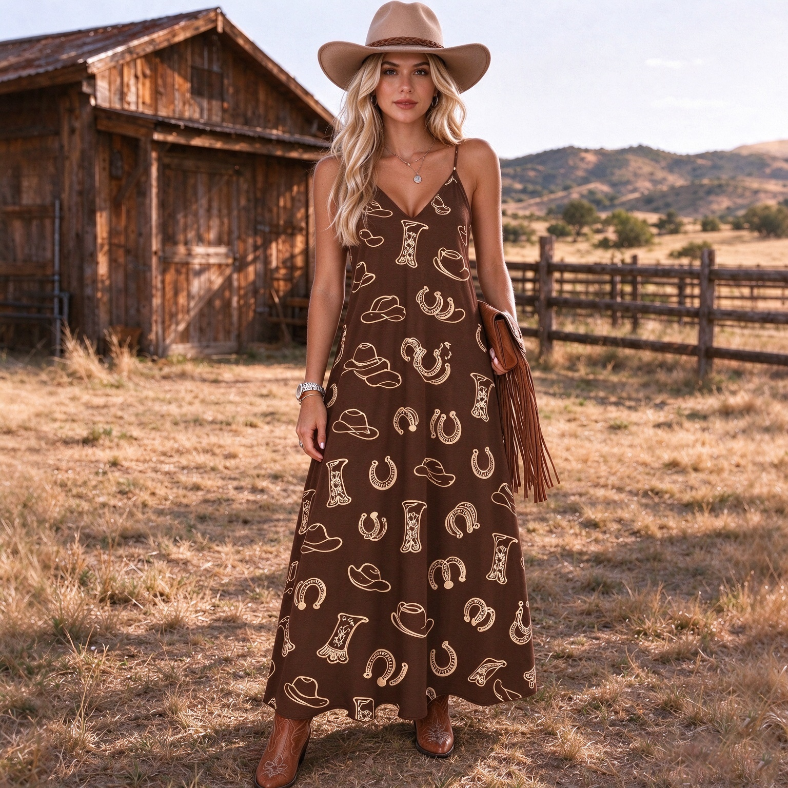 Horseshoe & Hat Strapless Long Dress