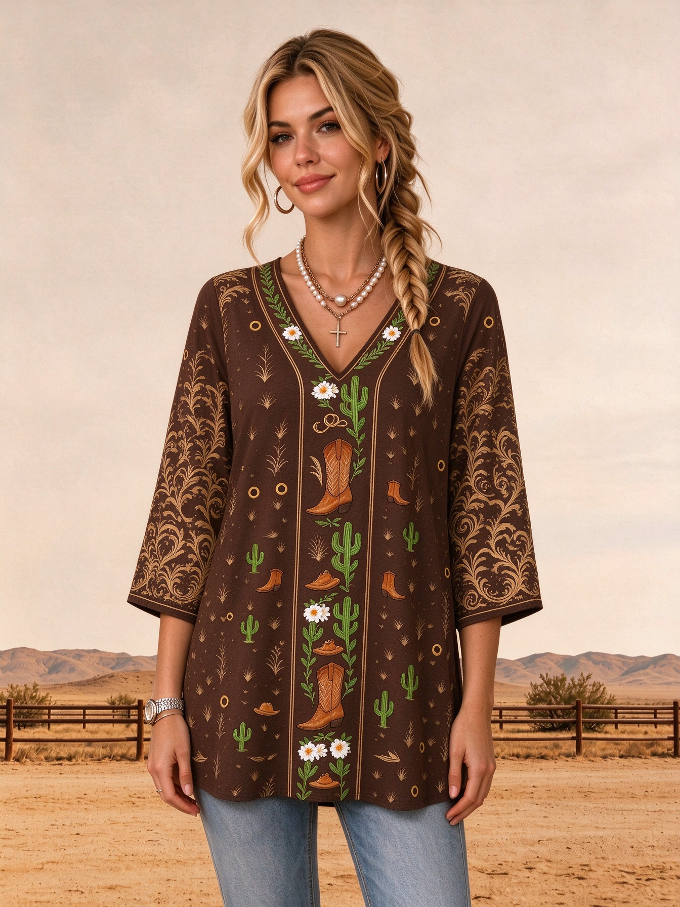 Ivory Western Cowboy Boot Cactus Botanical Panel Short Sleeve Top Tunic Shirt