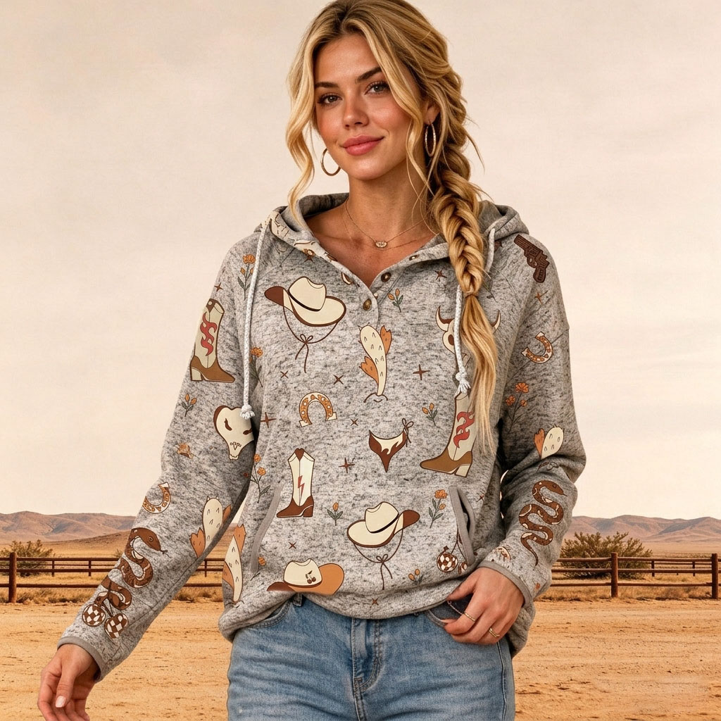 Western Cowboy Pattern Print Long Sleeve Hooded Sweatshirt
