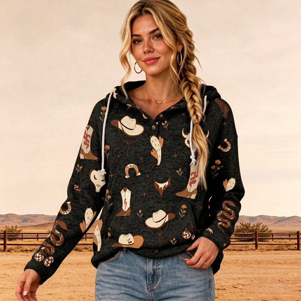 Western Cowboy Pattern Print Long Sleeve Hooded Sweatshirt
