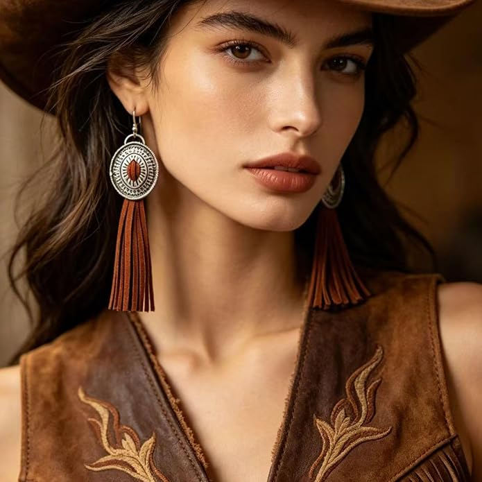 Western Concho Fringe Dangle Earrings