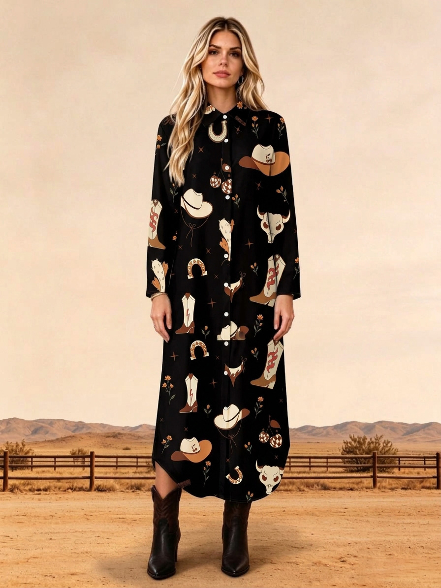 Western Cowboy Element Print Long Sleeve Collared Button-Down Maxi Dress
