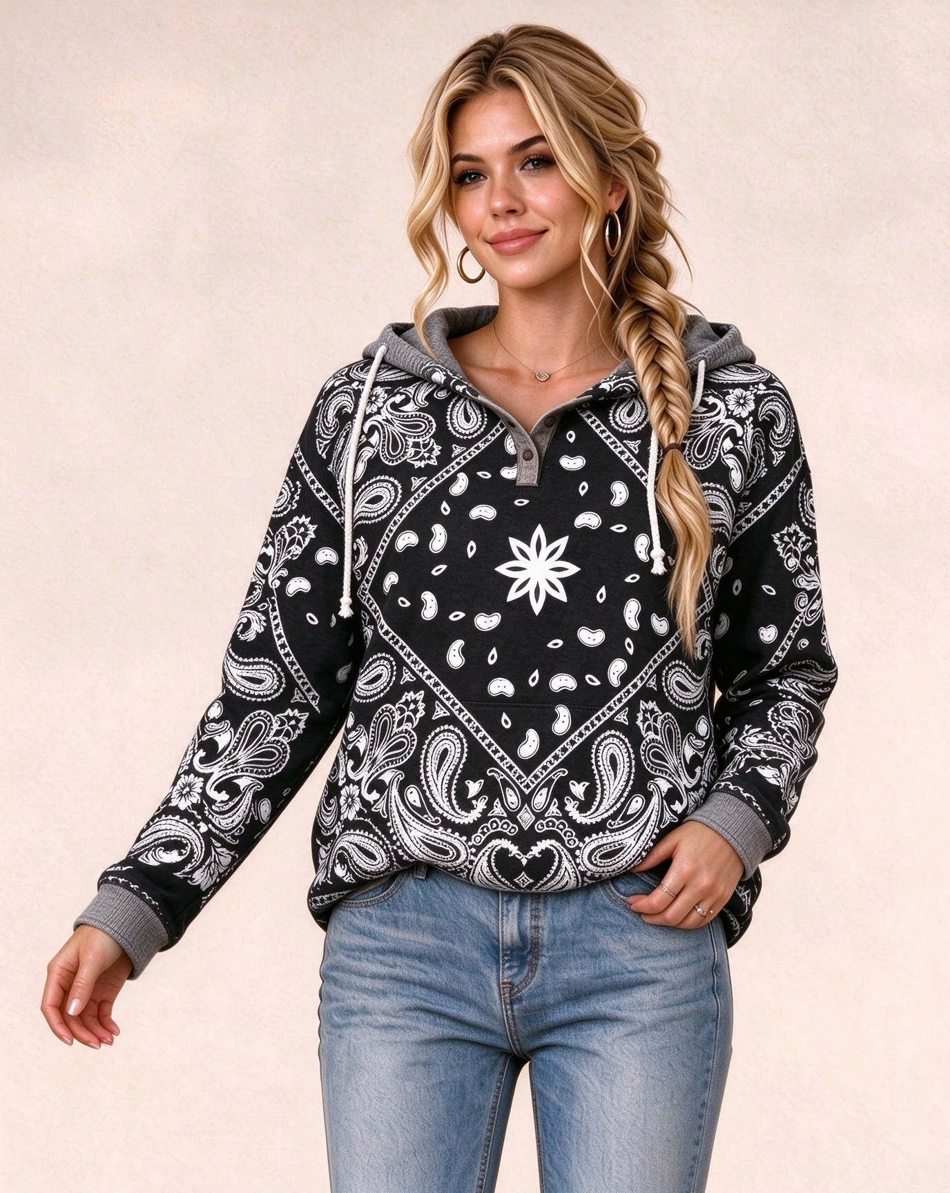 Snowflake Star Print Henley Collar Hoodie
