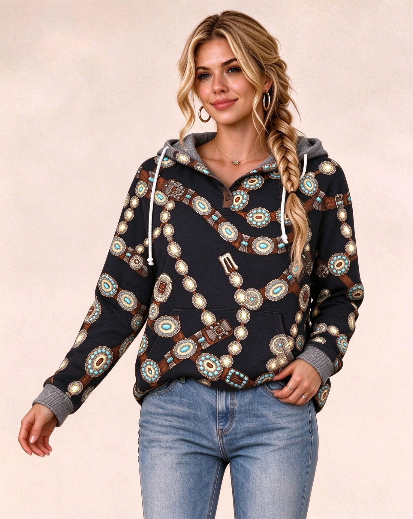 Monochrome Tribal Geometric Print Henley Collar Hoodie