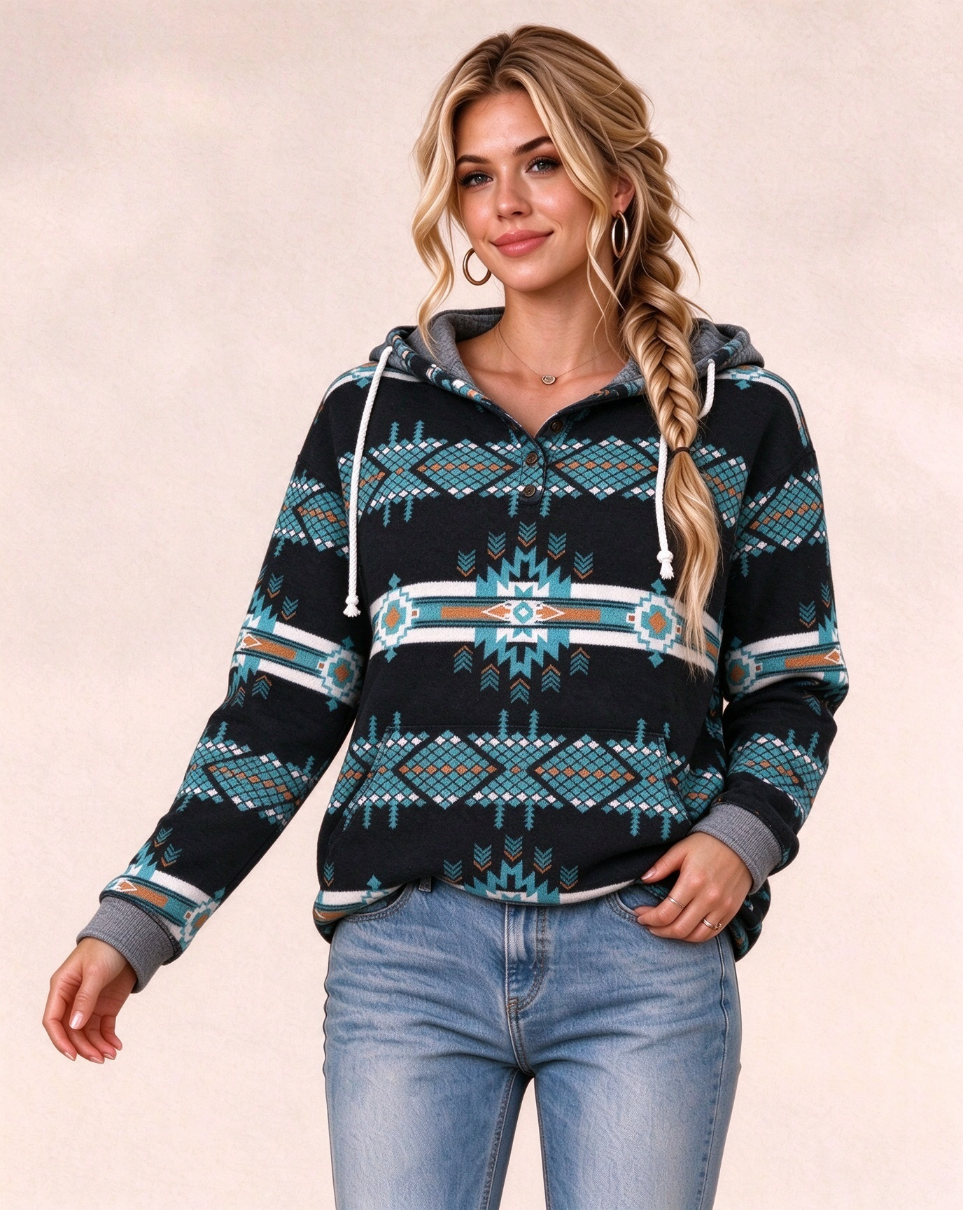 Leopard Animal Print Henley Collar Hoodie